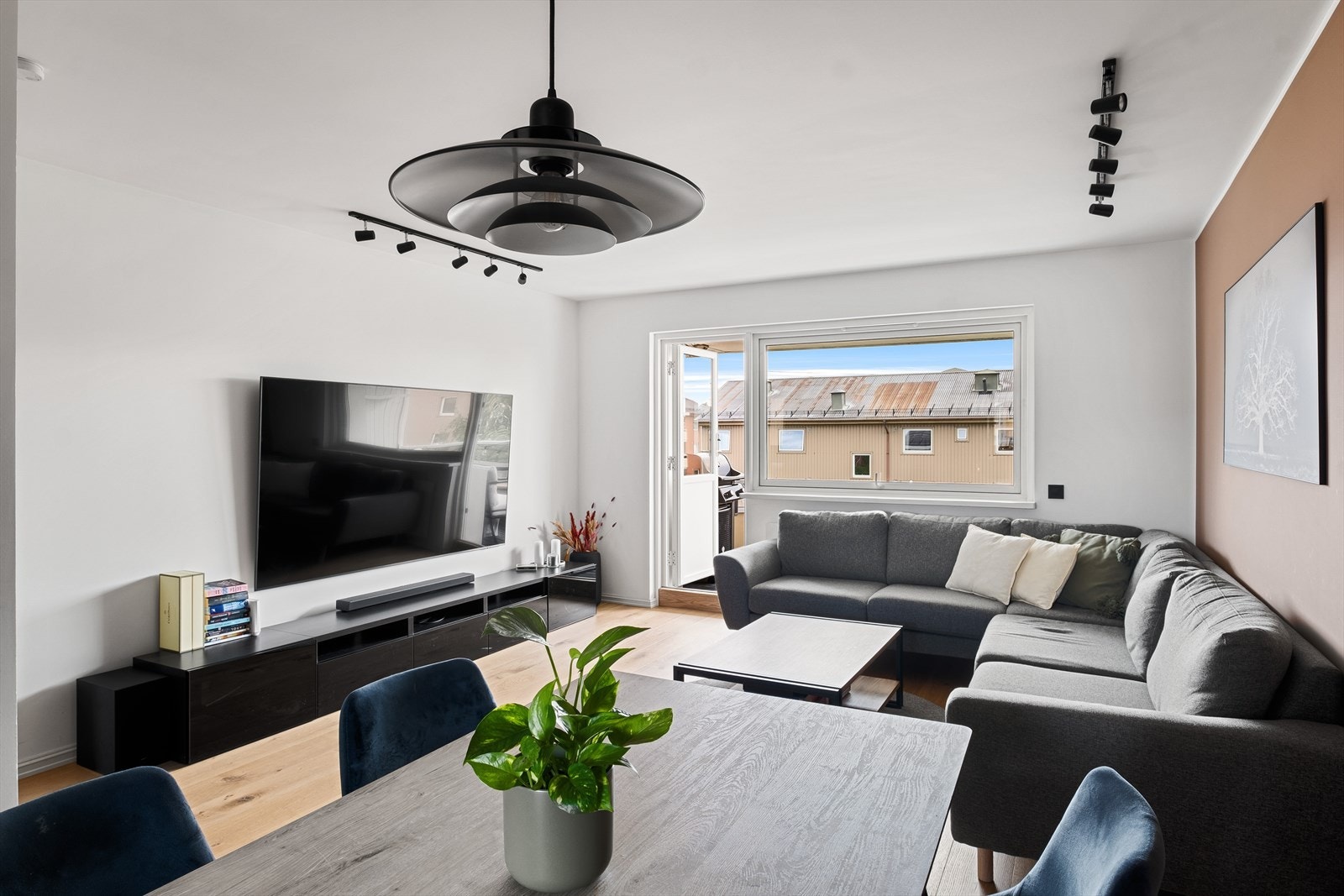 Plass til sofaseksjon med tilhørende møblement, TV-benk og spisebord. Galleribilde