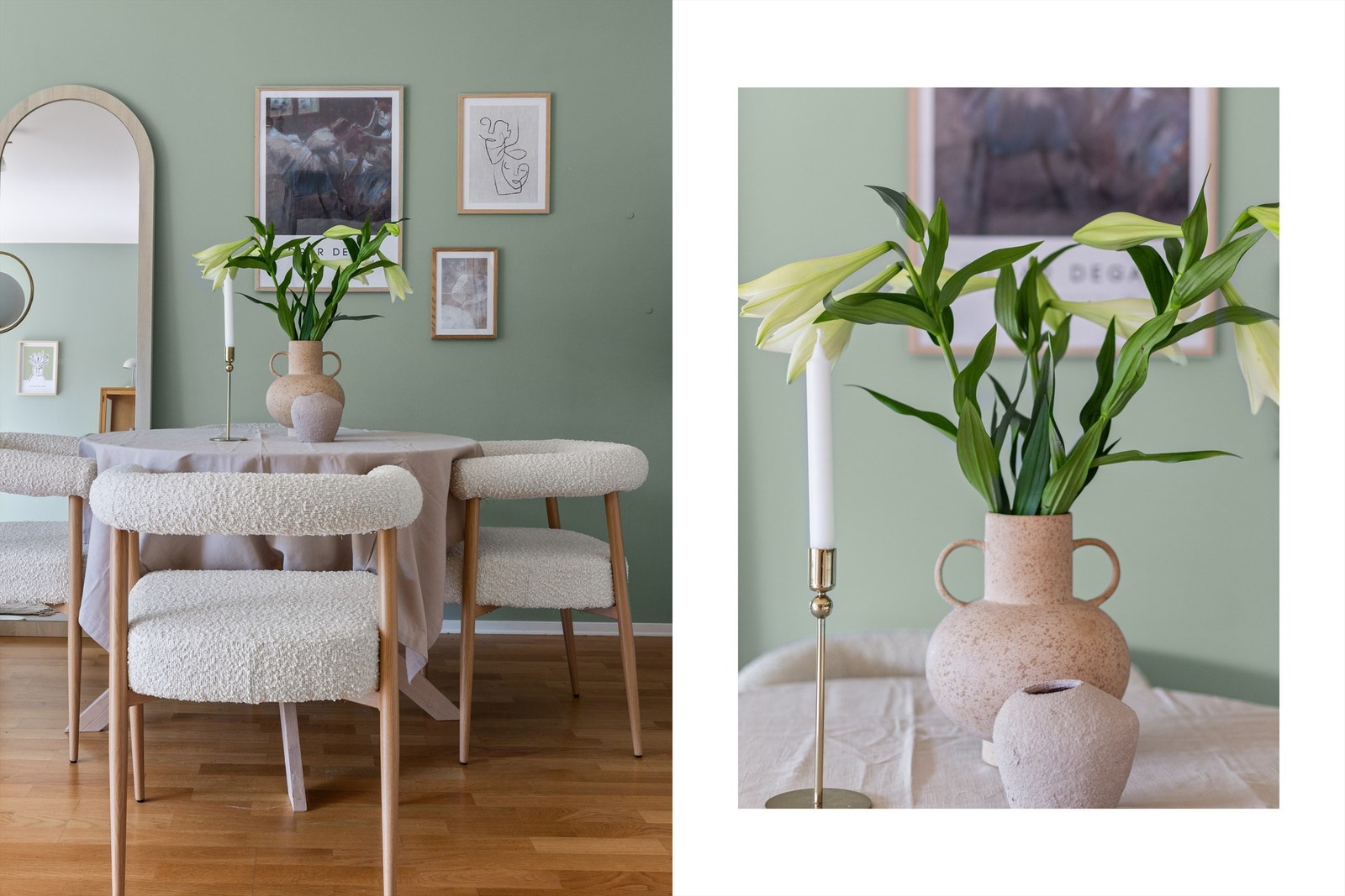 I fin overgang mellom stue og kjøkken er det også en naturlig plass for å innrede med et spisebord med mulighet for å invitere venner og familie på middager. Galleribilde