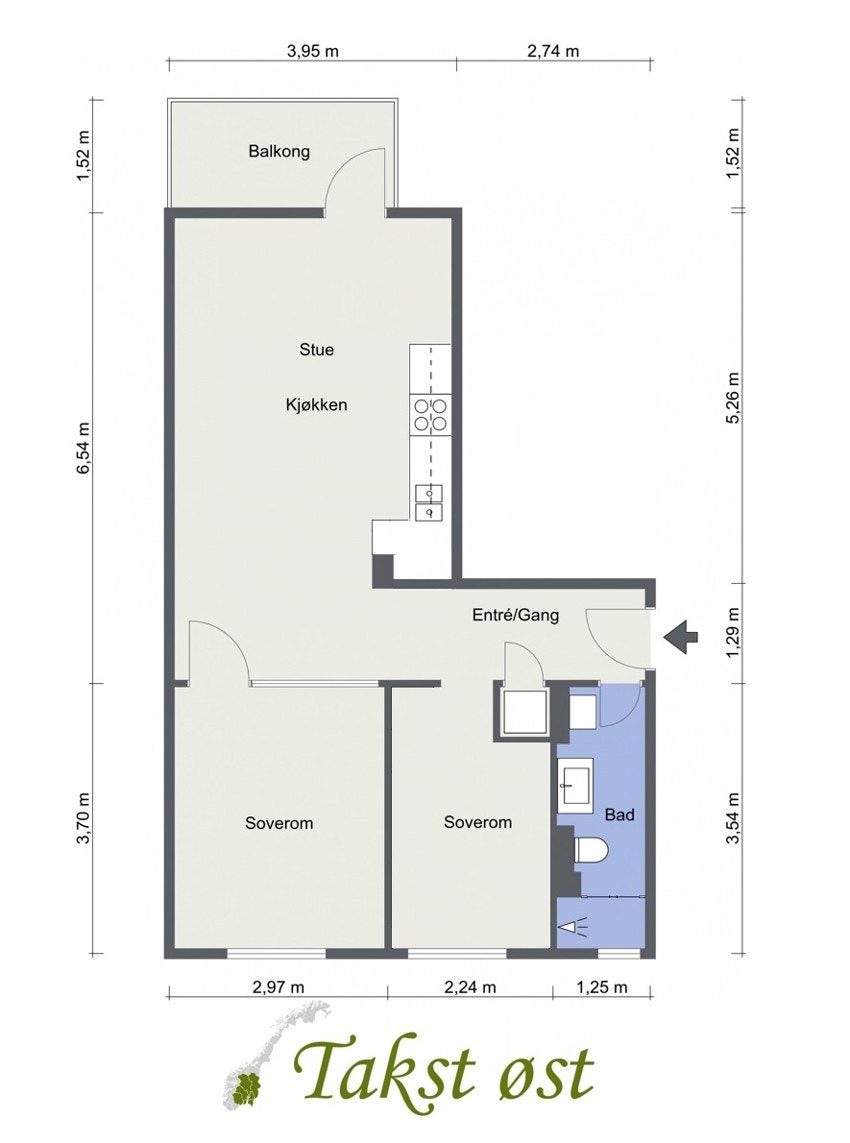 Alternativ plantegning med 2 soverom. Kjøper må selv vurdere og undersøke mulighetene og kostnaden for dette. Ved en slik løsning vil man sannsynlig måtte bruke en pumpe. Galleribilde
