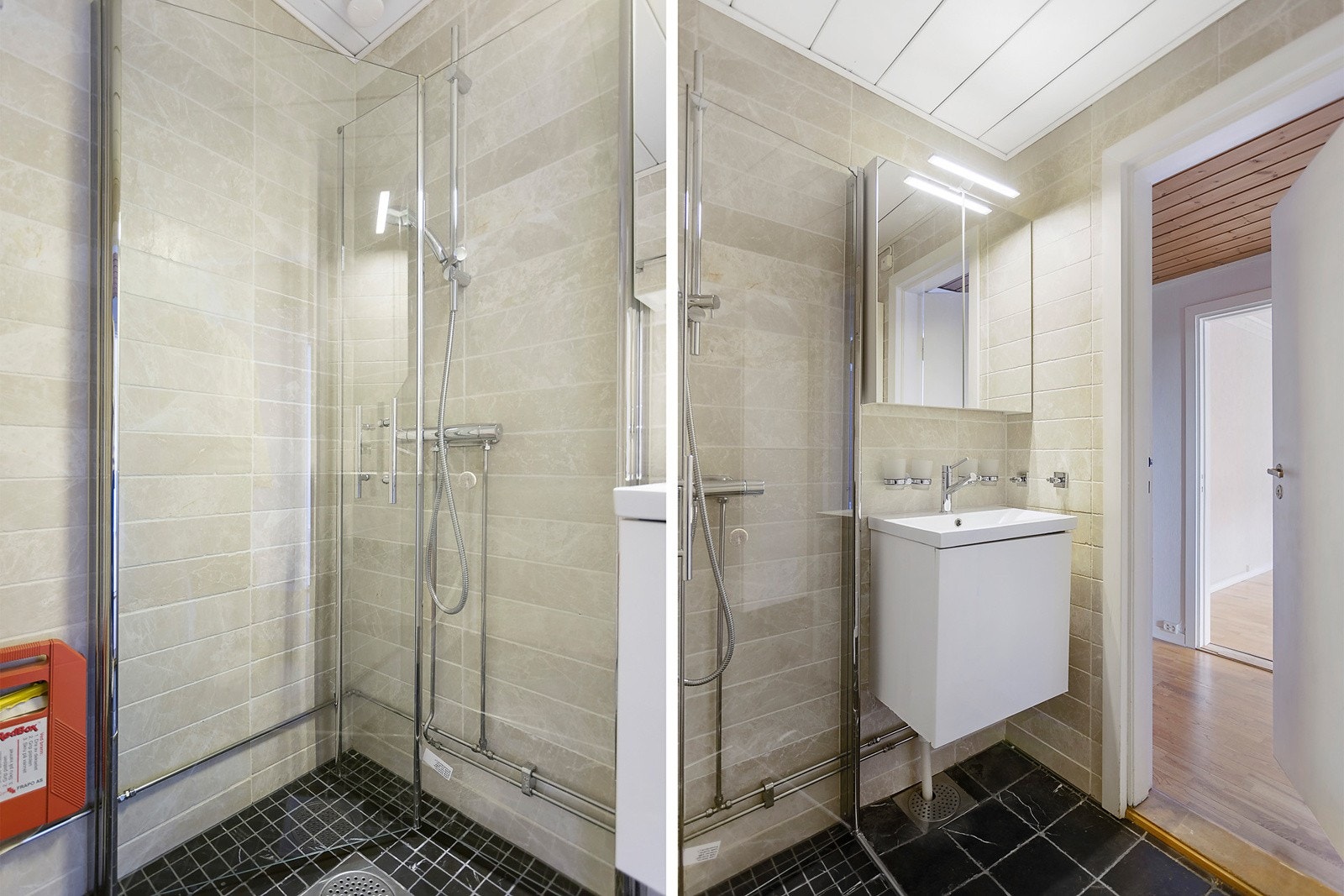 Helfliset bad fra 2012 med innfellbare dusjvegger, enkel servant, overskap med speilfronter og beløysning. Galleribilde