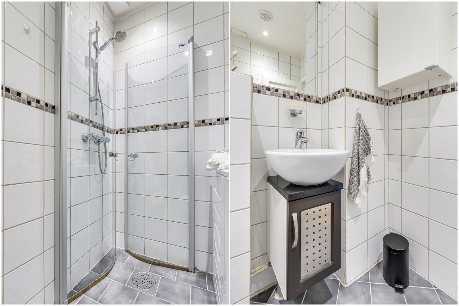 Badet består av servantskap med servant, vegghengt toalett og et dusjhjørne med svingbare glassdører. I tillegg er det opplegg til vaskemaskin, noe som gjør dette badet både praktisk og komfortabelt for daglig bruk. Vaskemaskinen medfølger salget. Galleribilde