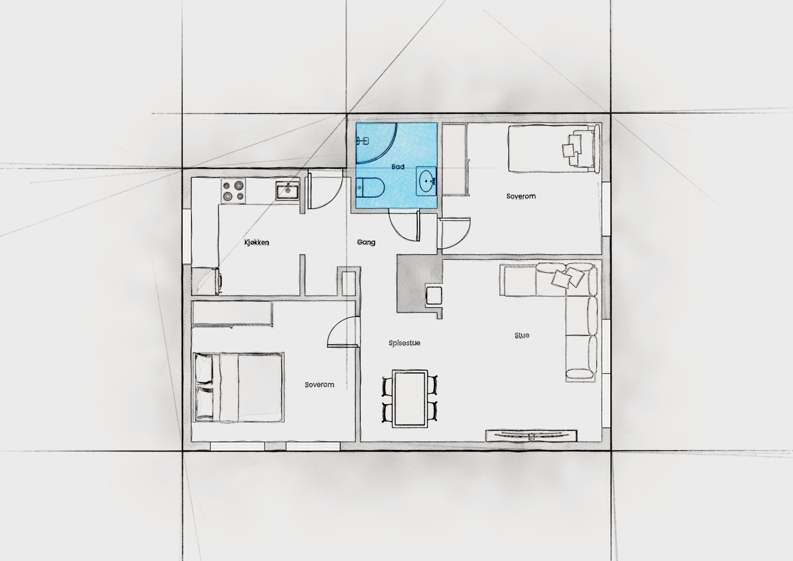 Leiligheten har et areal på 60 m² + eksterne boder på totalt 9 m² og tilgang til store fellesareal Galleribilde