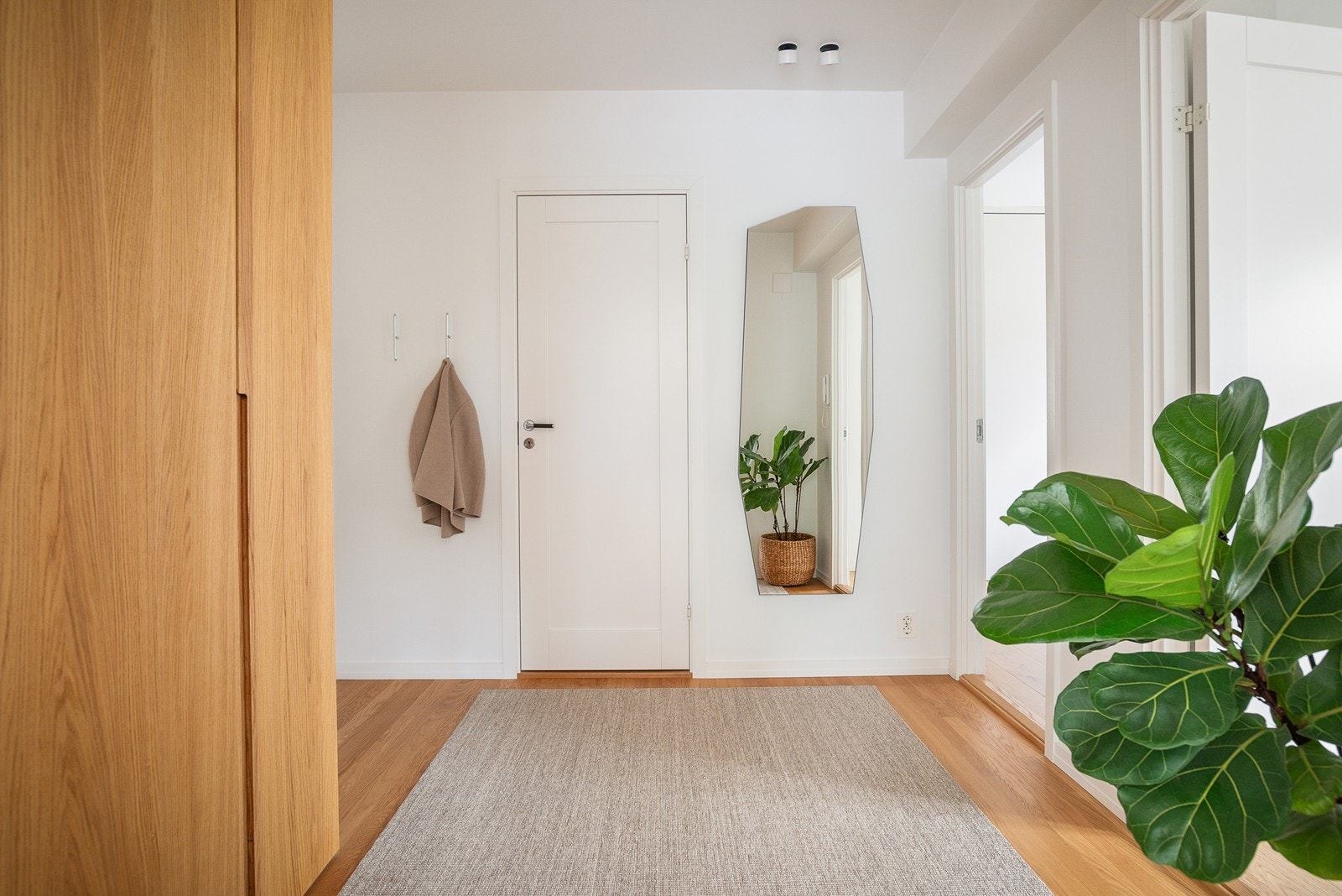 Entré/ gang med integrert garderobe forbinder leilighetens 2 soverom, stue og bad Galleribilde