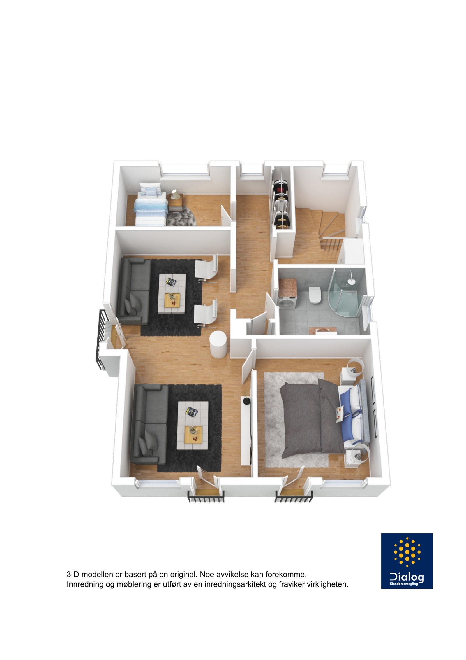 Enebolig totalrenovert: 3D planillustrasjon 2. etasje: P-rom / BRA 71 kvm. Galleribilde