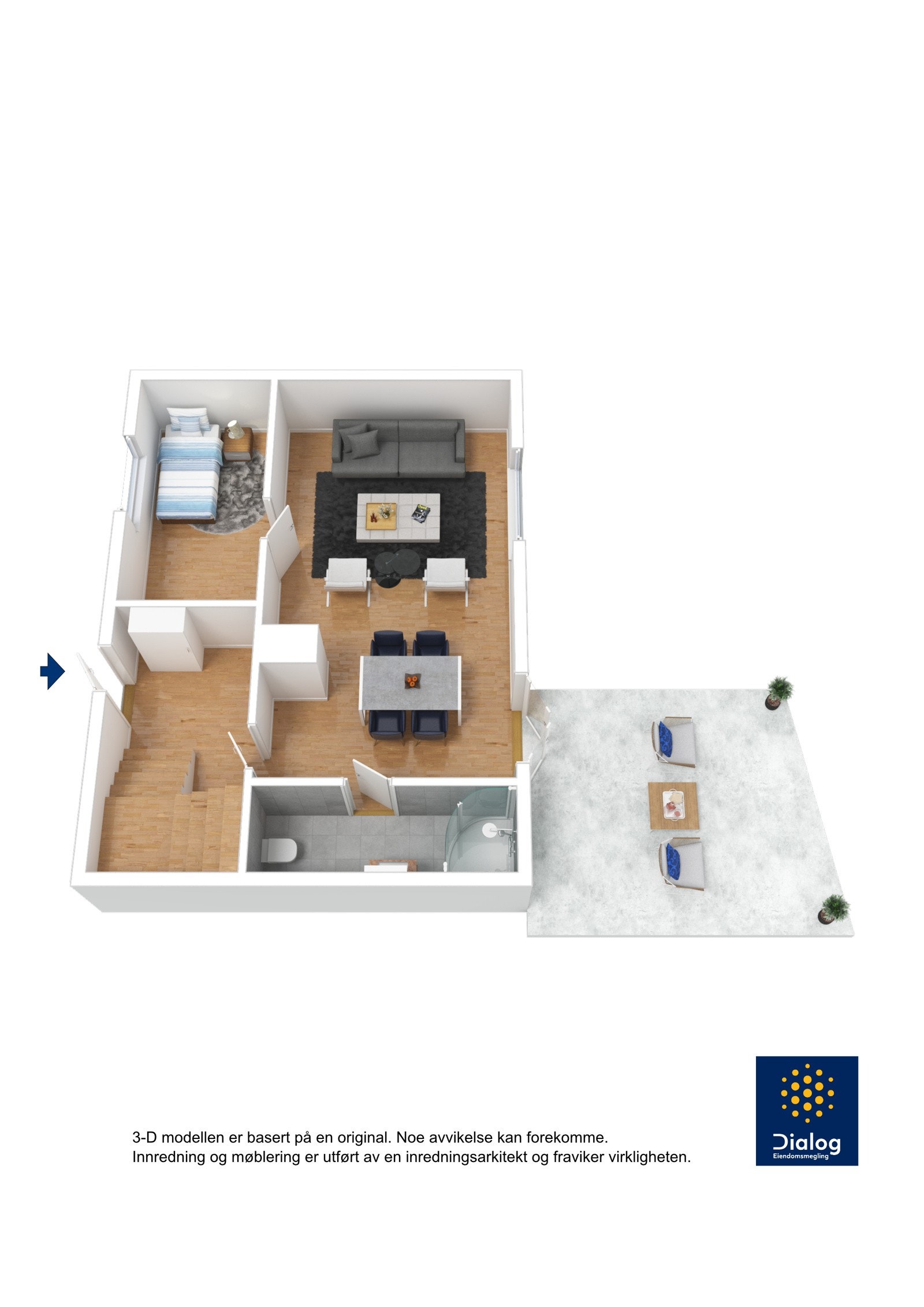 Enebolig 2: 3D planillustrasjon mindre enebolig over halvannen etasje, hovedetg: P-rom/BRA: 34 kvm Galleribilde