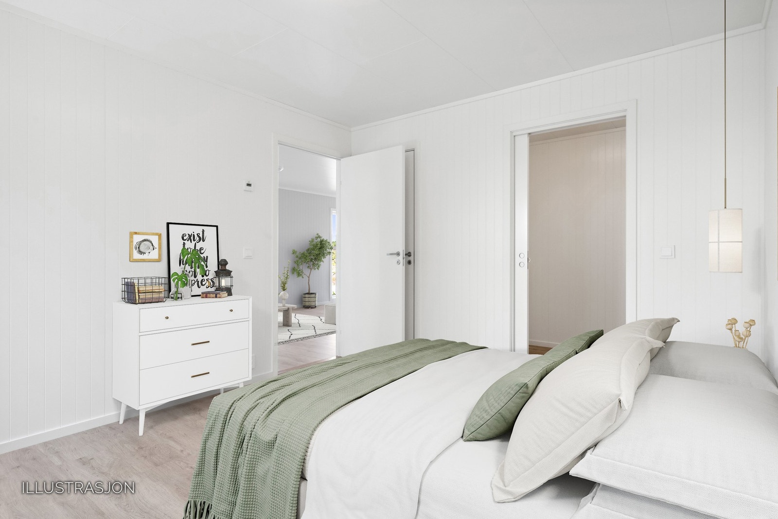 I tilknytning dette soverommet, er det skyvedør inn til en bod/mulighet for å lage seg en walk-in garderobe. Illustrerte møbler. Galleribilde