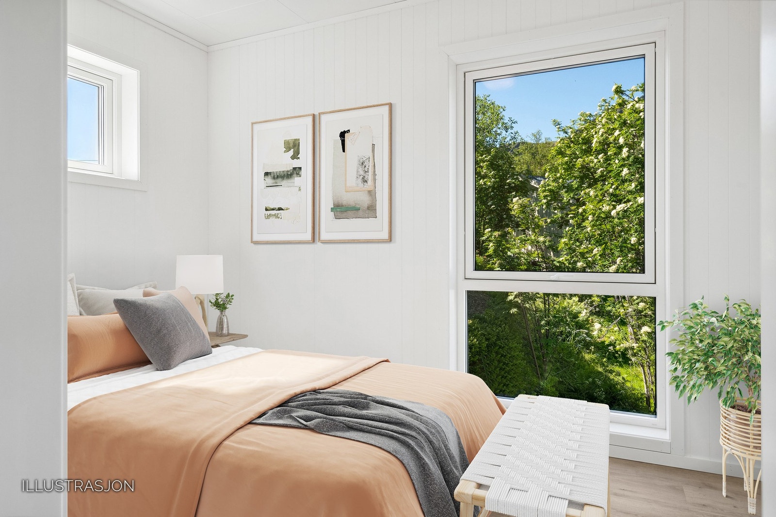 Du får faktisk alle hovedrommene oppe med bl.a. 1 soverom. Resten av soverommene er nede. Illustrerte møbler. Galleribilde