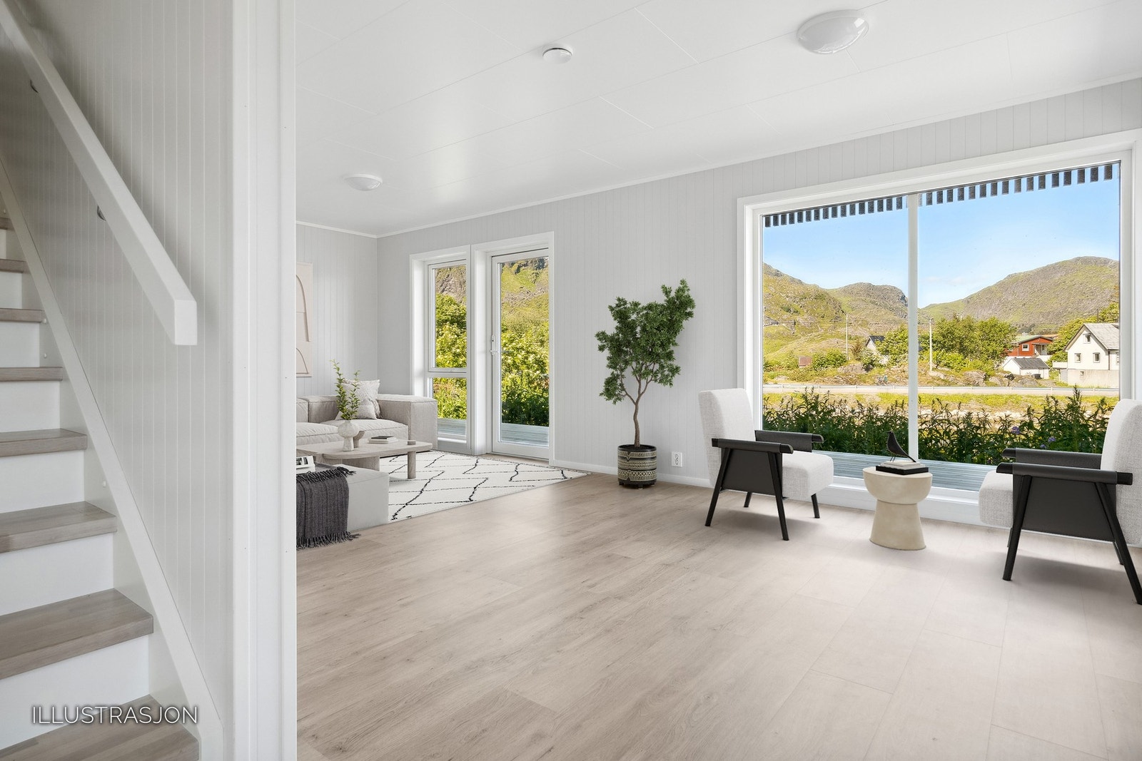 God størrelse på stua med mulighet for å lage til et 4. soverom (i hjørne med verandadør), hvis ønskelig. Galleribilde