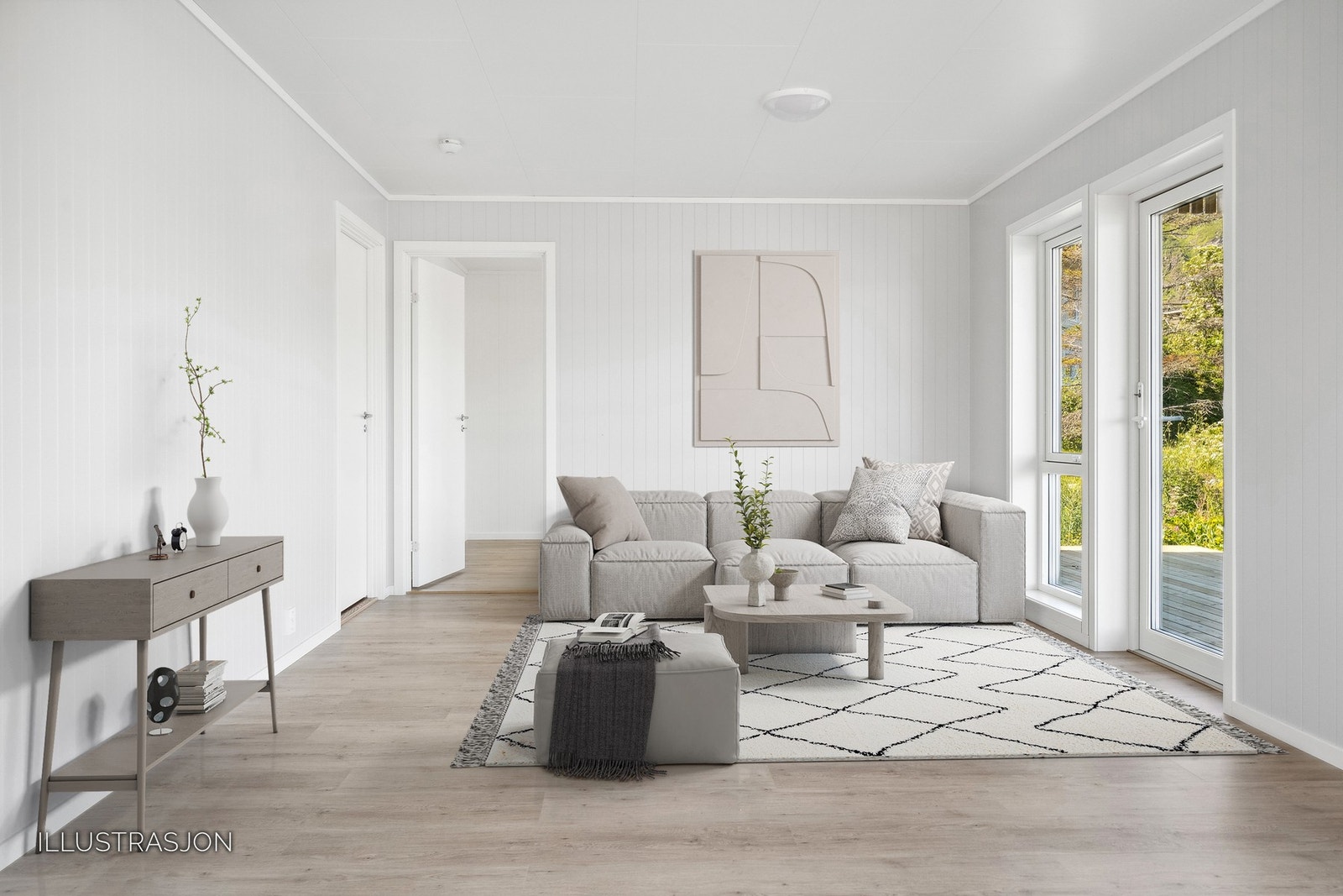 Her får du soverom rett fram og et til venstre. Illustrerte møbler. Galleribilde