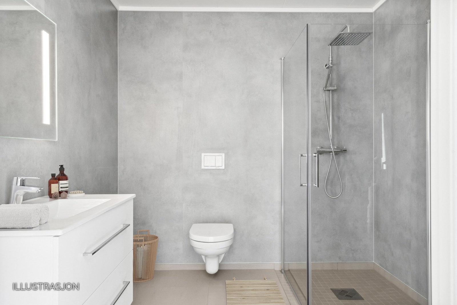 Et bad i begge etasjene som er av god størrelse. Illustrerte møbler. Galleribilde