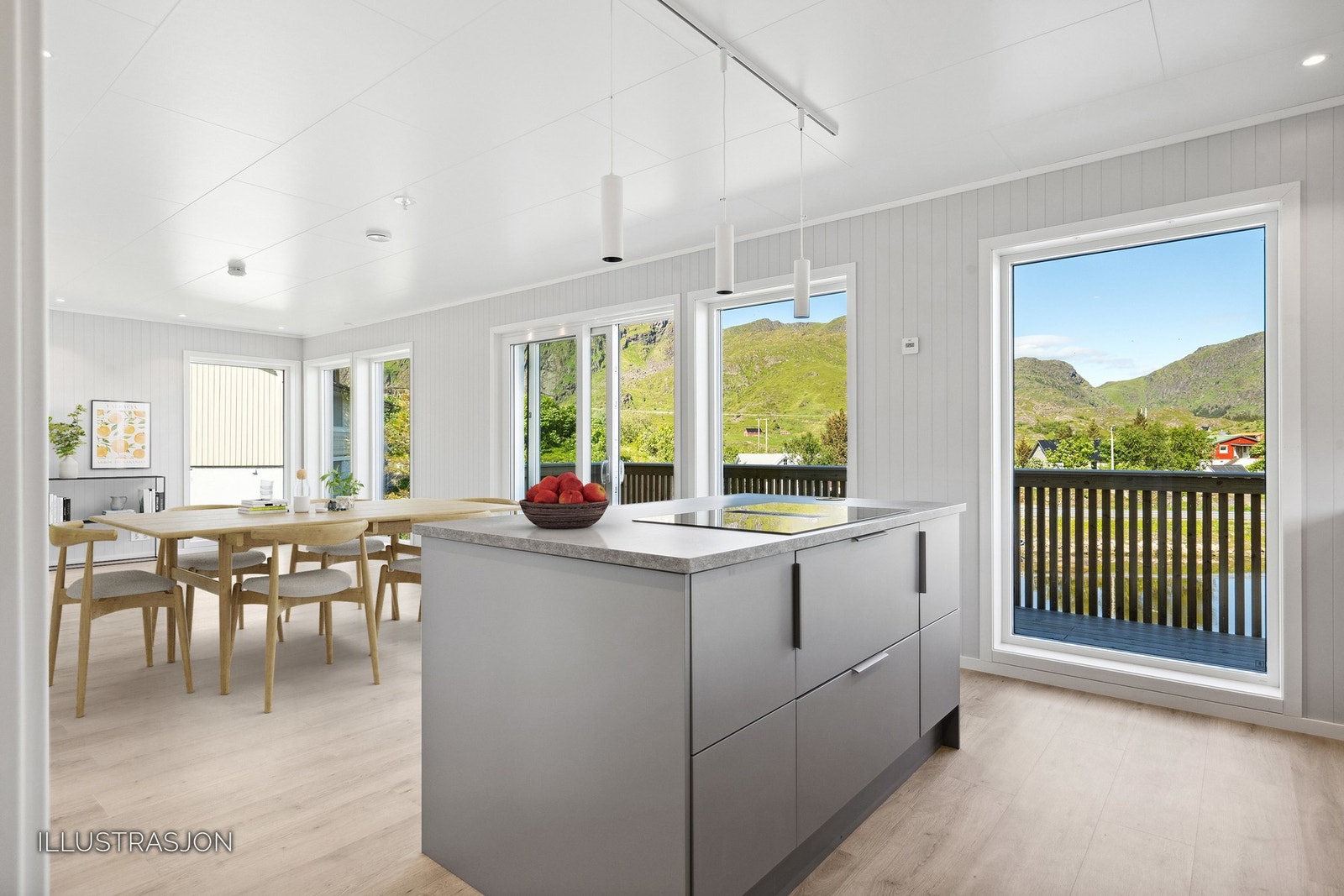 Det er mye downlights i tak og i vindusforinger. Fint og praktisk med kjøkkenøy. Illustrerte møbler. Galleribilde