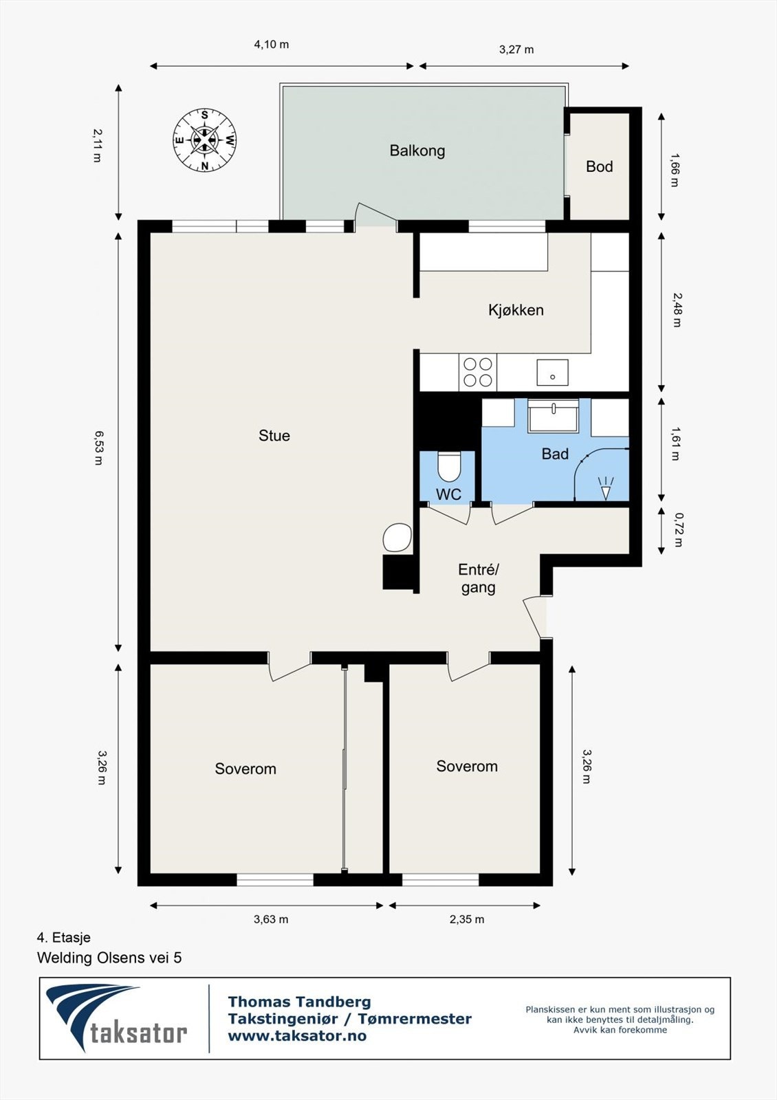 Plantegning. Leiligheten inneholder entré/gang, bad, toalettrom, 2 soverom, kjøkken og stue med utgang til balkong. Bod med adkomst fra balkong. I tillegg disponerer leiligheten 2 boder i kjeller. Galleribilde