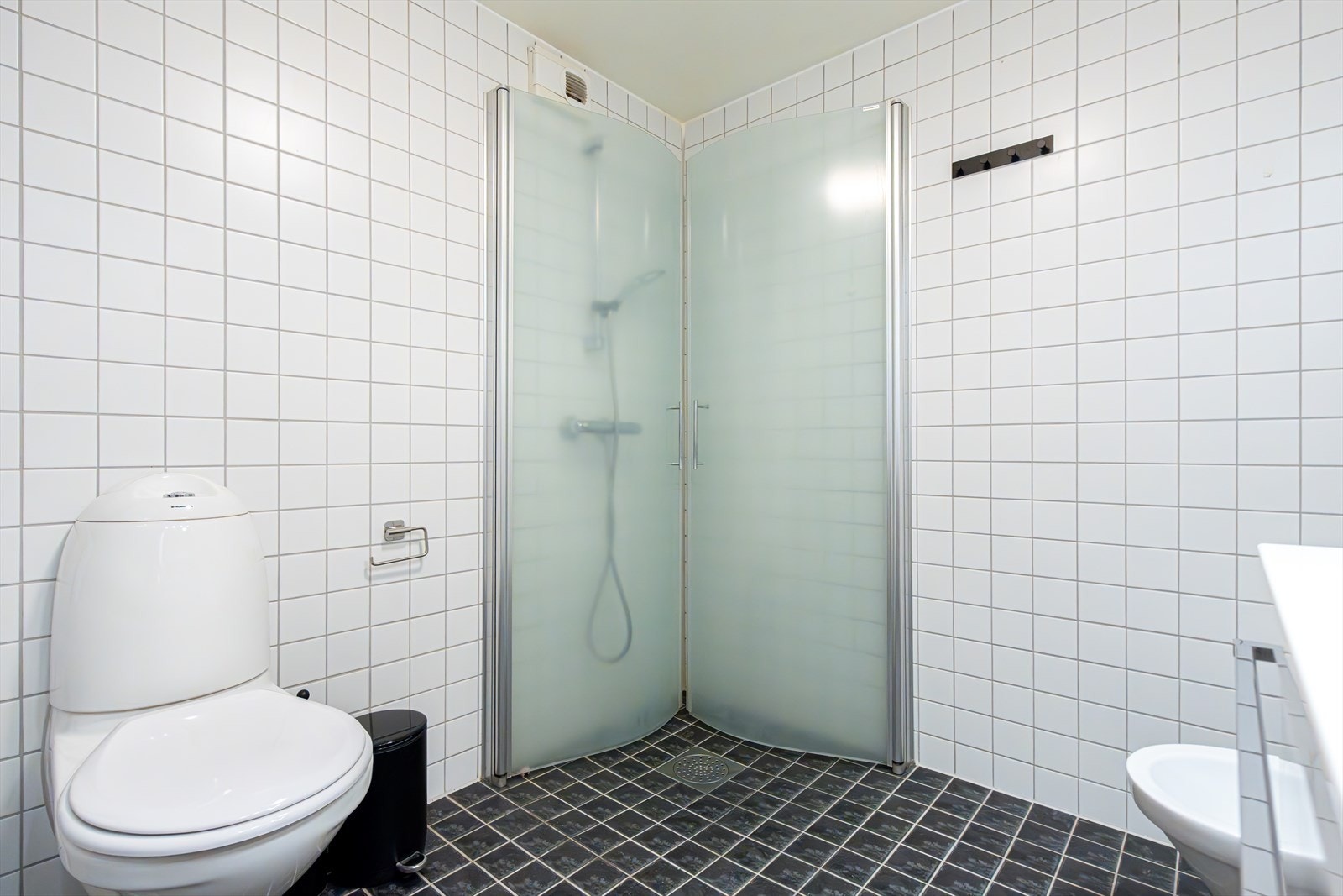 Baderommet er innredet med toalett, bidé, dusj bak svingbare glassdører og oppbevaringsplass i benkeskap under servant og i speilskap med lys. Galleribilde