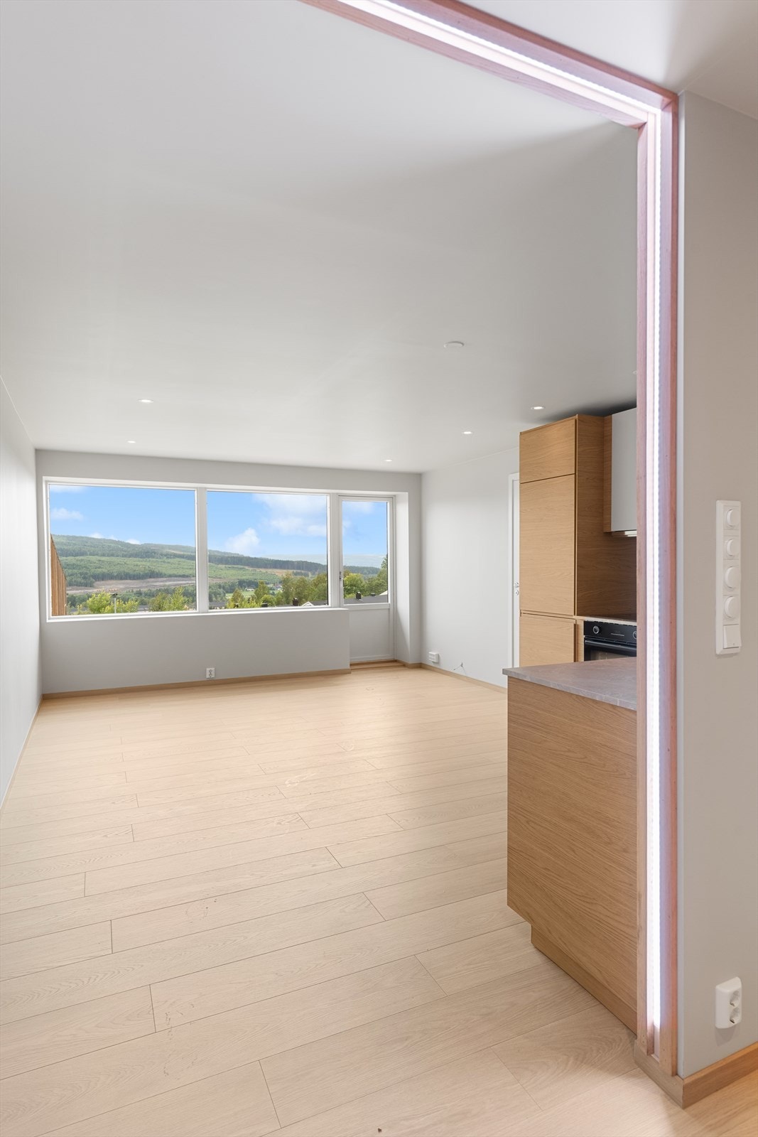 Ved inngangen til stuen er det montert en lyslist, som er en stilig detalj og gir godt lys Galleribilde