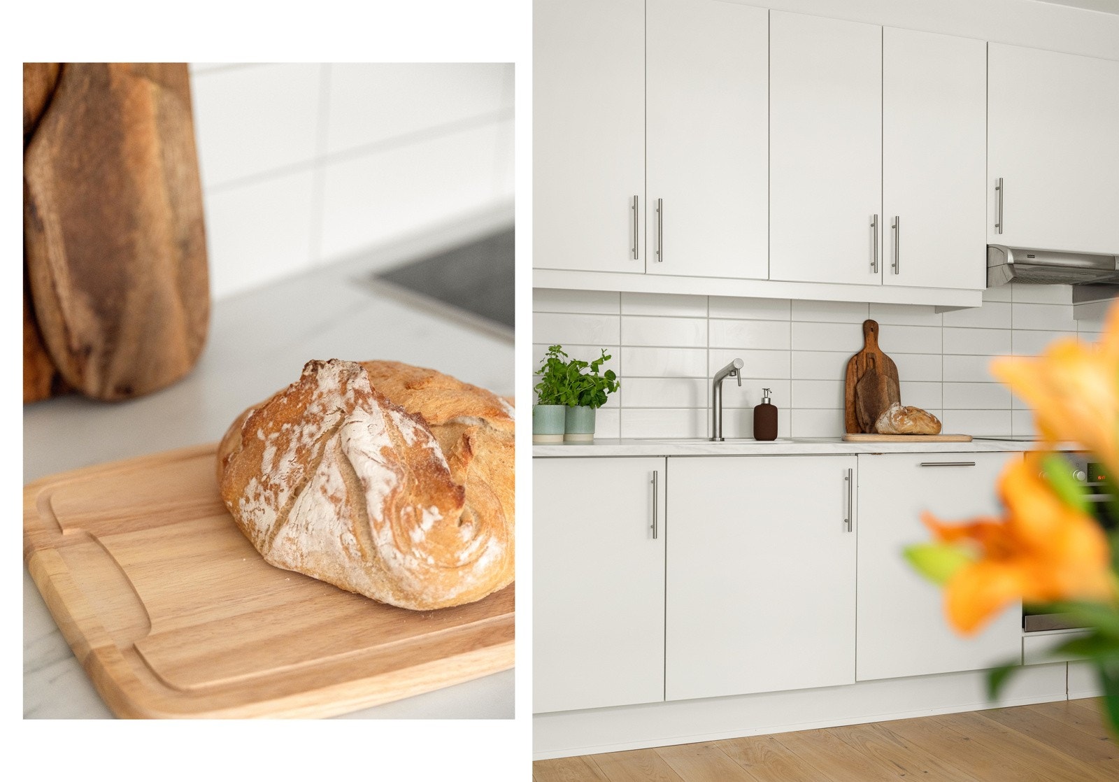 Kjøkkeninnredning består av glatte fronter med metallhåndtak, laminat benkeplate, kum med blandebatteri, integrert oppvaskmaskin, koketopp og stekeovn. Galleribilde
