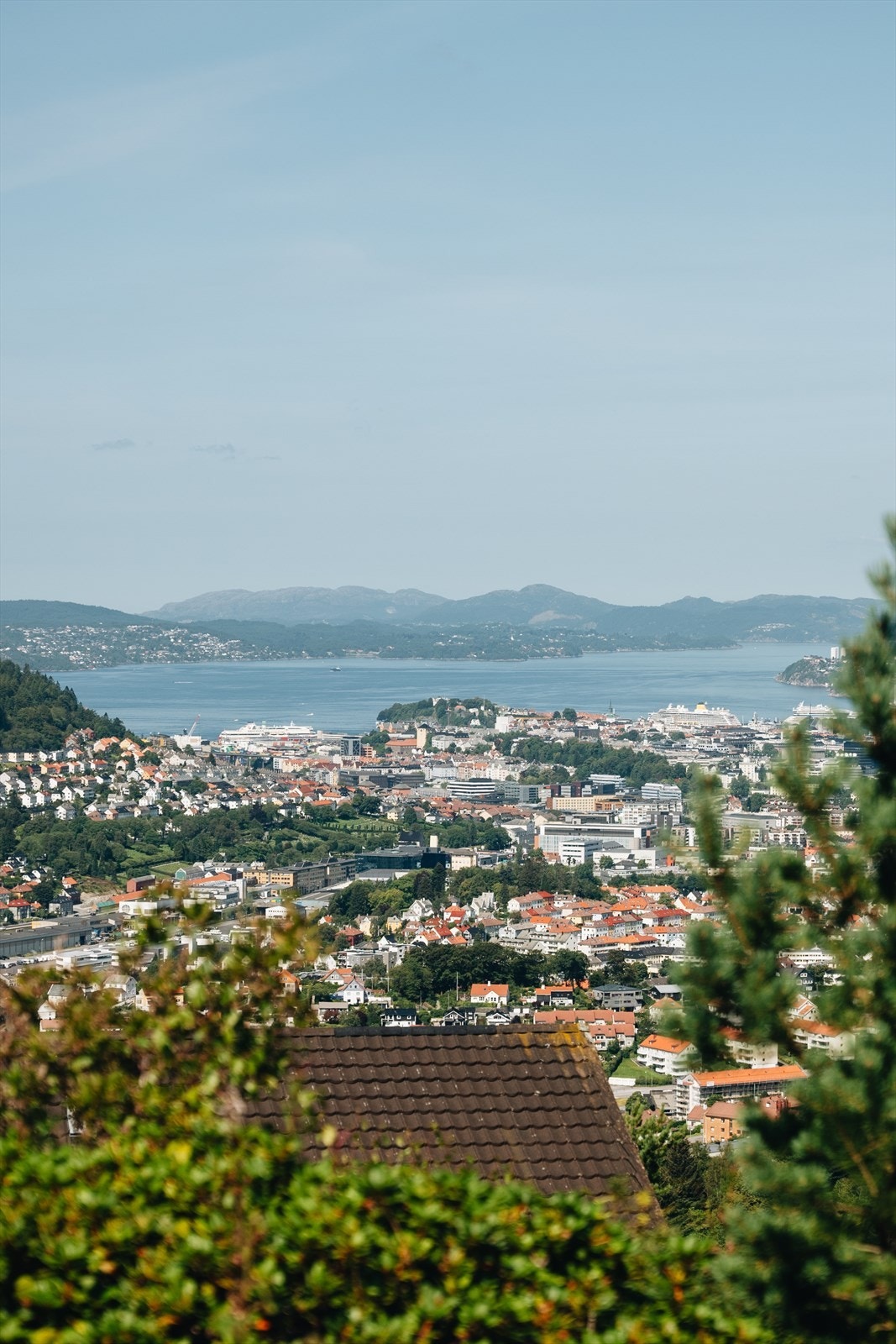 Utsikten inn mot Bergen sentrum, Byfjorden og Askøy sett fra hagen. Galleribilde