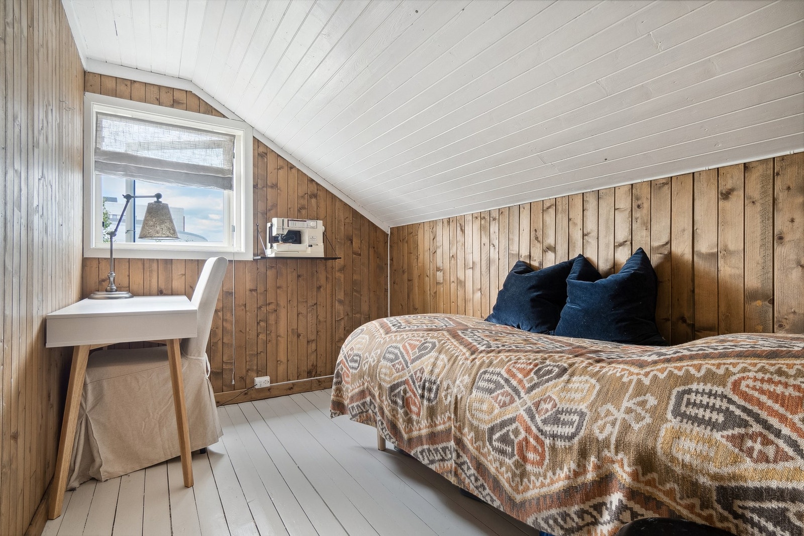 Loftsrom med malt tregulv, panelte vegger og malt panel i himling. Dette rommet er ikke registrert som soverom og er betegnet som bod. Innlagt strøm og ny kontakt nylig. Galleribilde