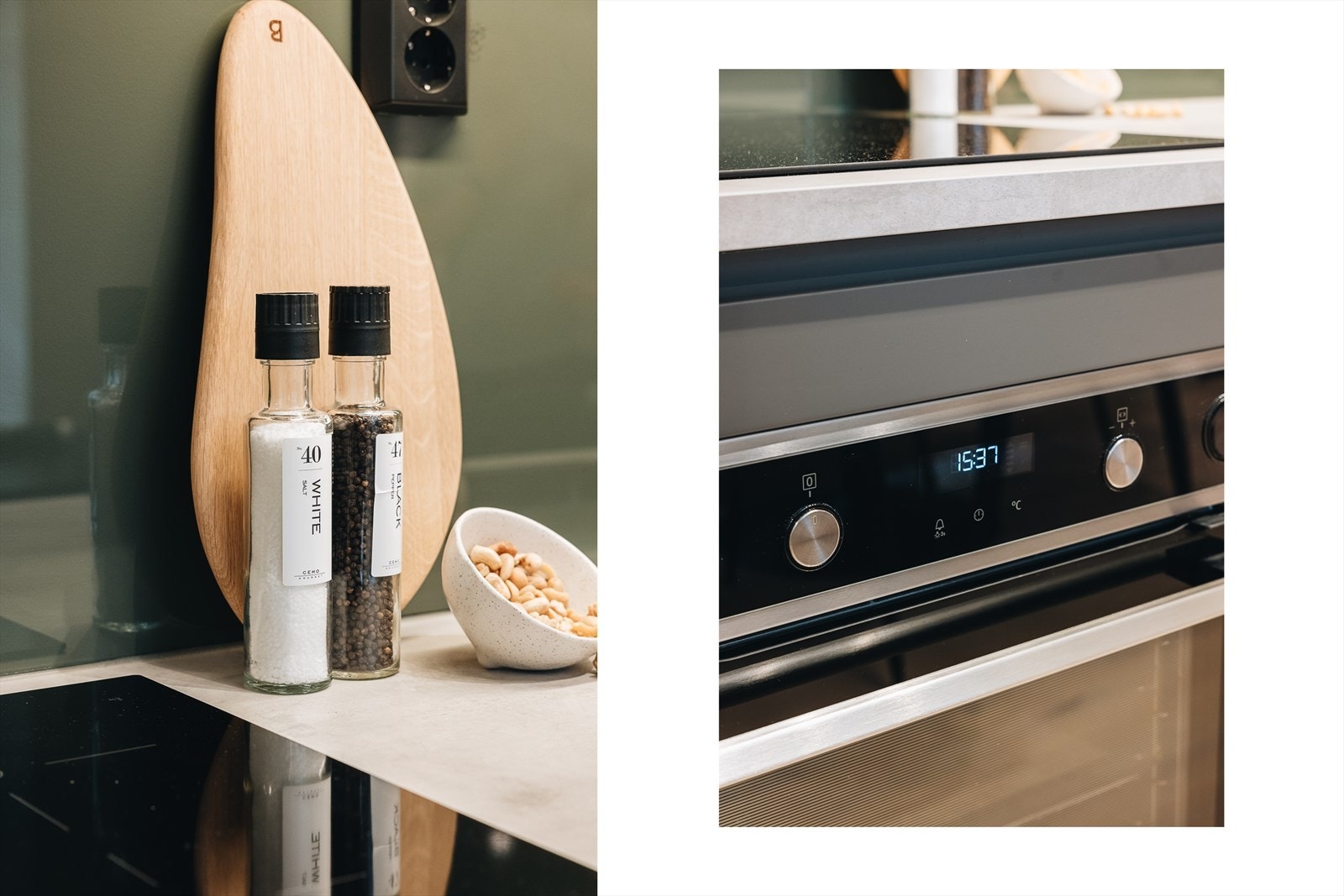 Integrerte hvitevarer: platetopp med induksjon, stekeovn med dampfunksjon, oppvaskmaskin og kombinert fryse-/kjøleskap. Galleribilde