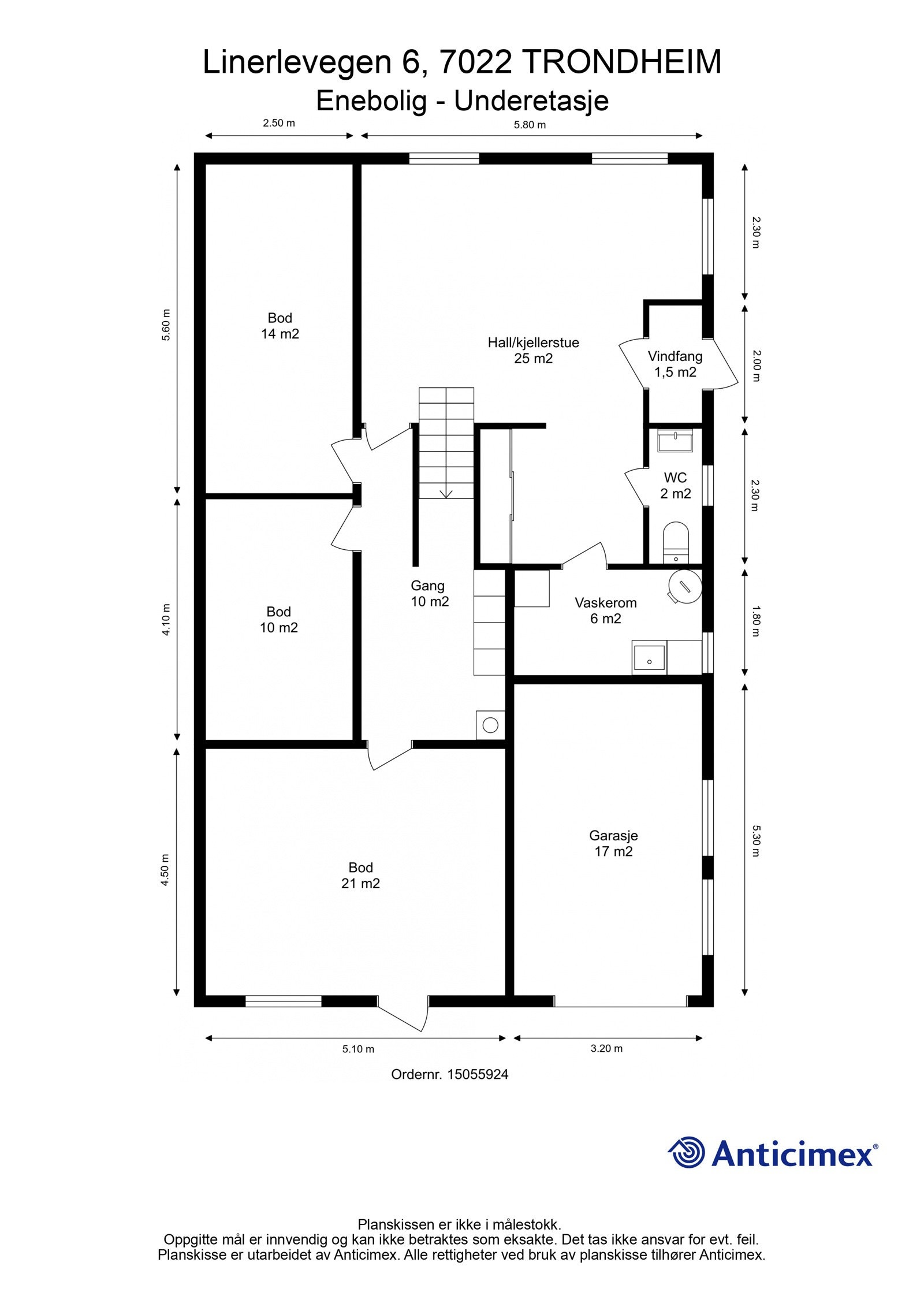 Plantegning underetasje. Etasjen inneholder entré, gang, vaskerom, toalettrom, kjellerstue/ hall og 3 store boder med potensial. Galleribilde