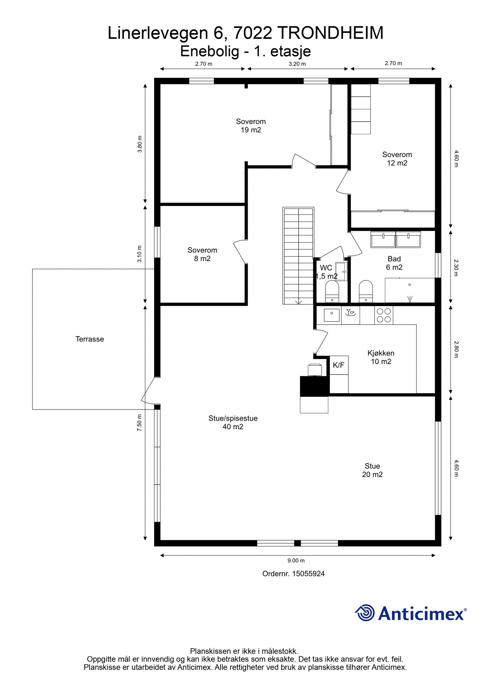 Plantegning 1. etasje. Etasjen inneholder stor stue, kjøkken, 3 soverom med mulighet for 4, toalettrom og baderom. Galleribilde