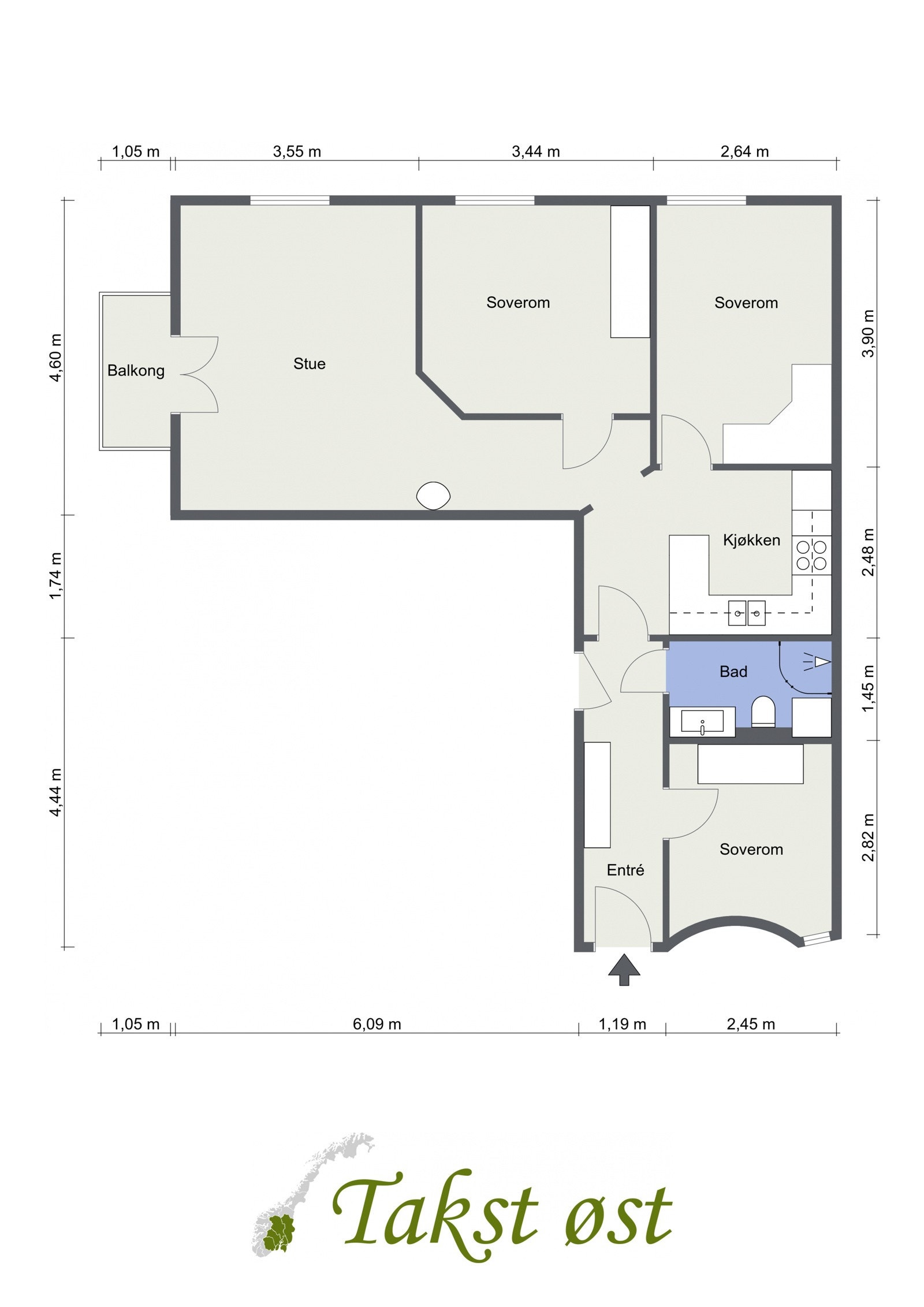 Legg merke til den praktiske planløsningen og den gode størrelsen på alle rom! Det medfølger to boder. Galleribilde