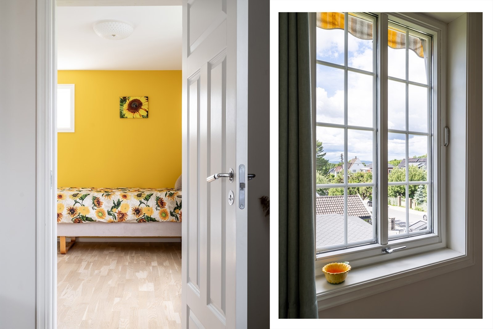 En av veggene er malt i frisk og herlig gultone og skape en fin kontrast til de ellers lyse veggene. Et rom perfekt for gjester eller som et barnerom/kontor Galleribilde