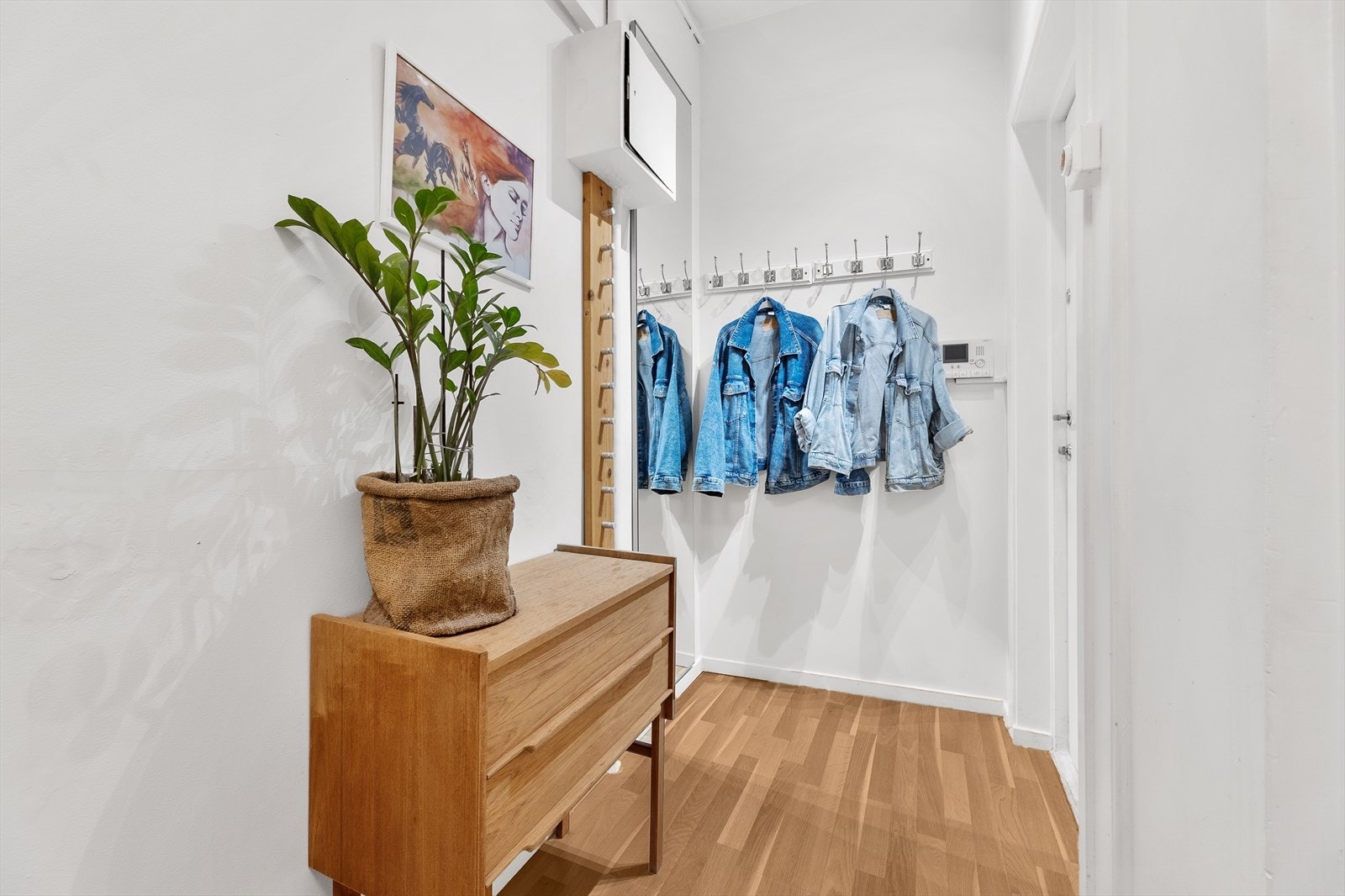 Her er det god plass til å henge fra seg yttertøy. I tillegg er det dørcalling med kamera. Galleribilde