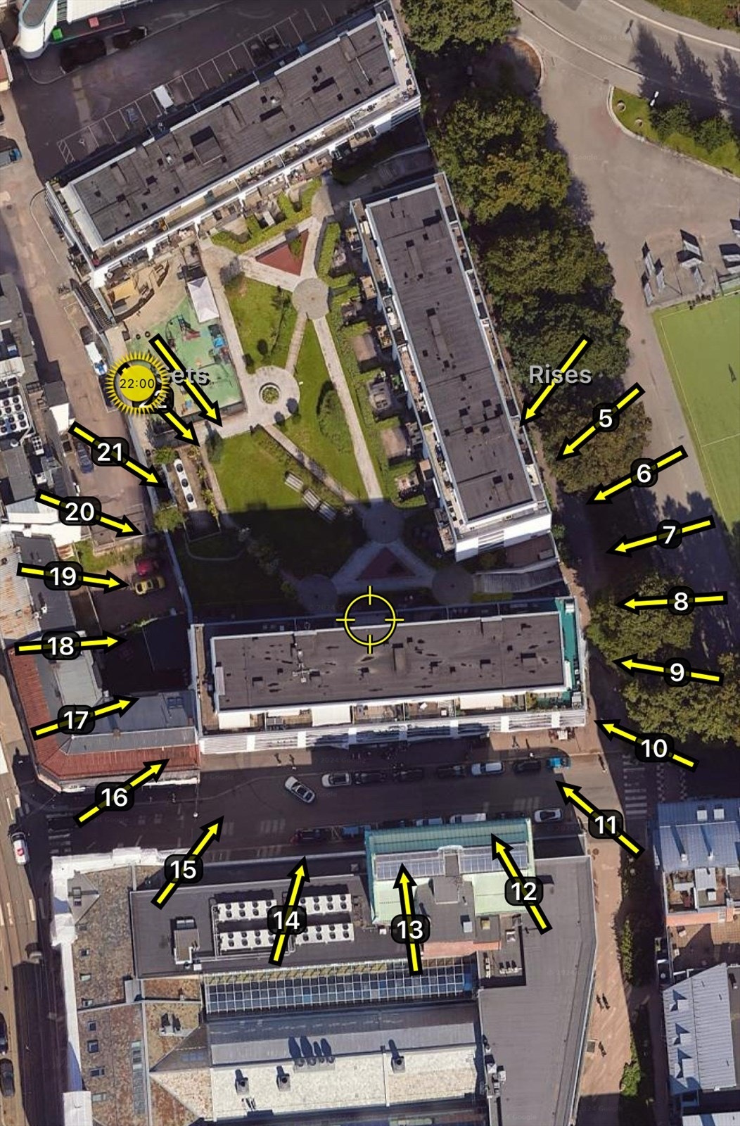 Illustrasjon av solforholdene midtsommers. Sol på den nordvendte takterrassen fra ca. kl. 6:00-9:00 og fra ca. kl. 17:30-22:00. Galleribilde
