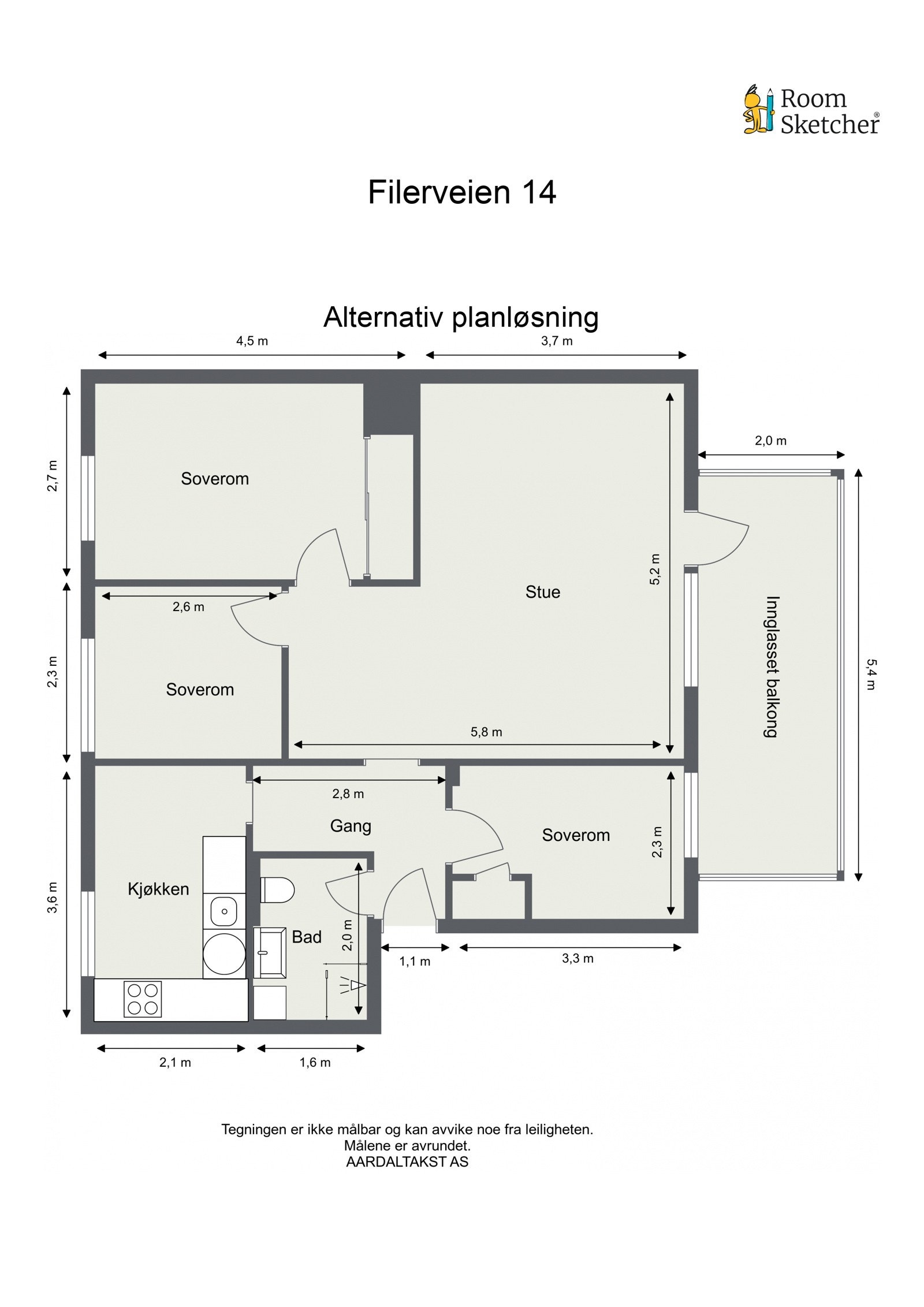Alternativ planløsning (det ekstra soverommet blir mindre enn hva som er anbefalt). Galleribilde