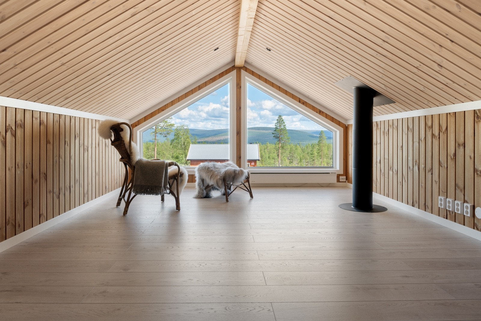 Loftstue med store vinduer. God plass til sofa/møbler. Mulighet for å sette opp et hjemmekontor i andre enden av rommet. Galleribilde