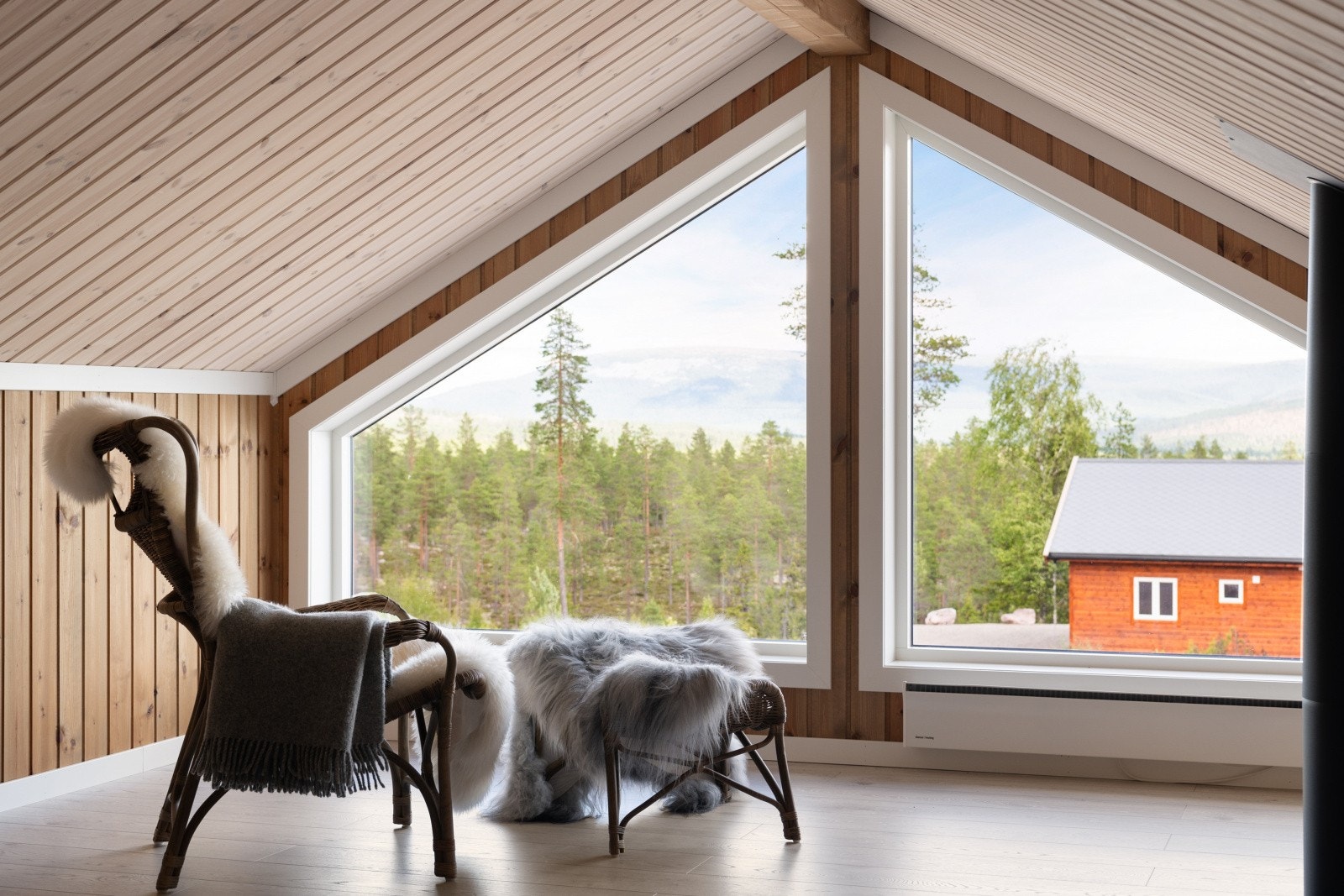 Stor loftstue med store vinduer - helt magisk å sitte her å se utover naturen. Opplegg for tv- & datapunkter. Galleribilde