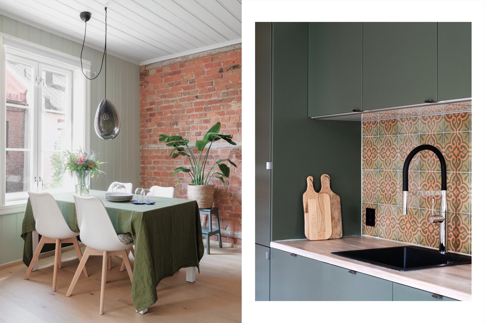 Originalt trepanel og rustikk teglesteinsmur i fin kombinasjon til et stilrent og moderne uttrykk på gulv og kjøkken. Galleribilde