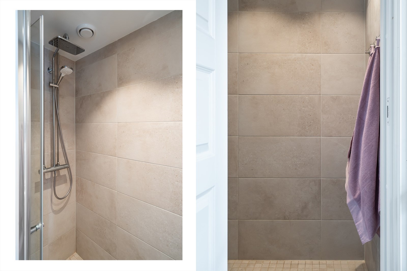 Moderne flislagt dusjrom fra 2023 med varmekabler i gulvene. I dusjhjørne er det installert regnfallsdusj med foldedører. Galleribilde