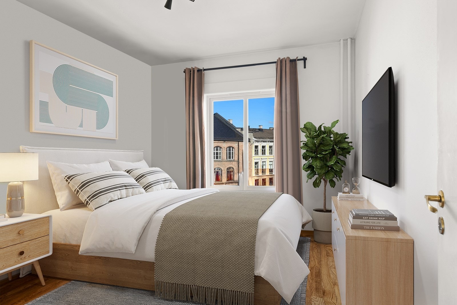 Romslig soverom med god plass til stor seng, garderobeløsning og ytterligere ønsket møblering. Bildet er digitalt stylet. Galleribilde