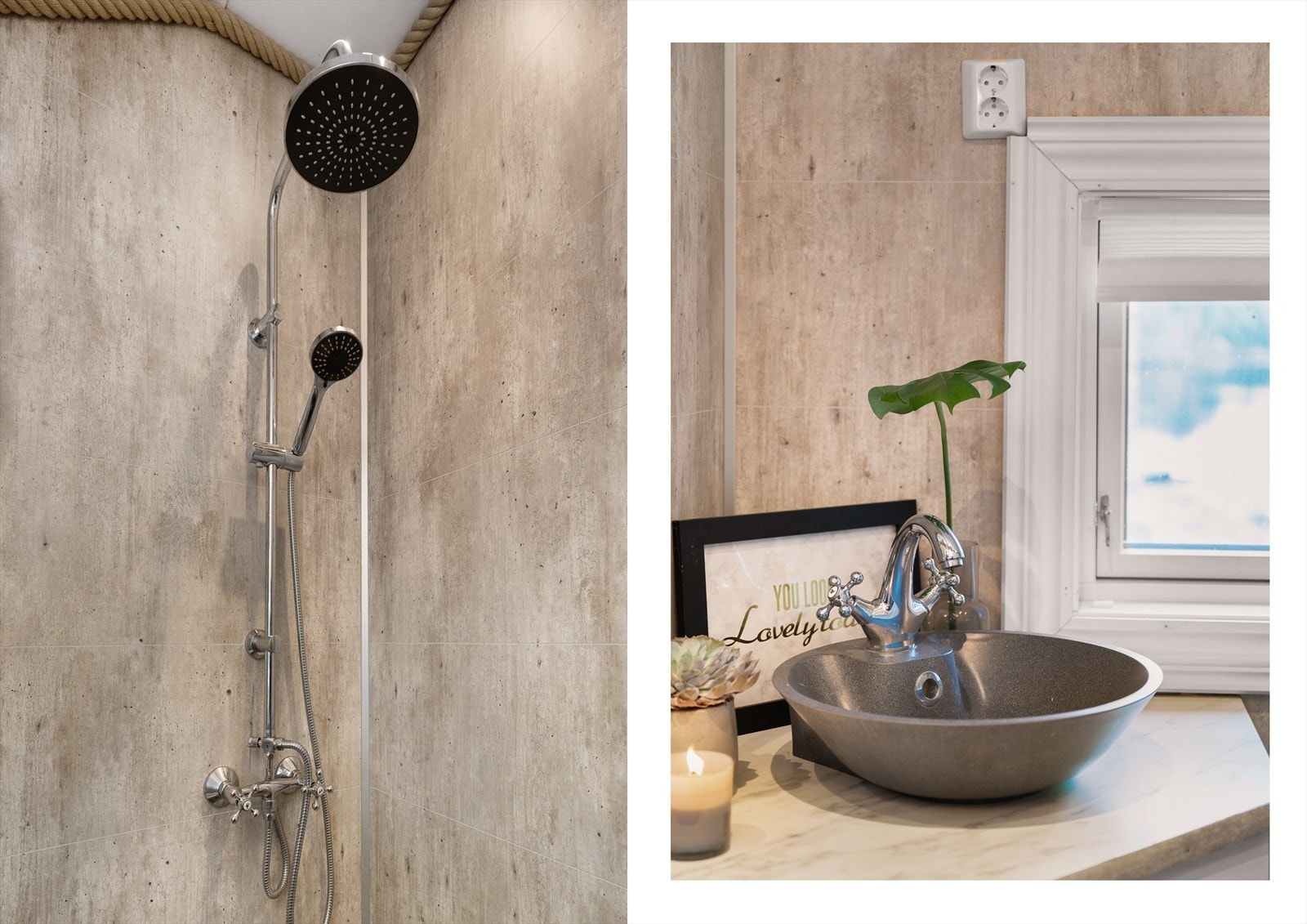Badet inneholder vegghengt toalett, helstøpt servant, skap under servant med slette hvite fronter, og dusjdører i klart glass. Galleribilde
