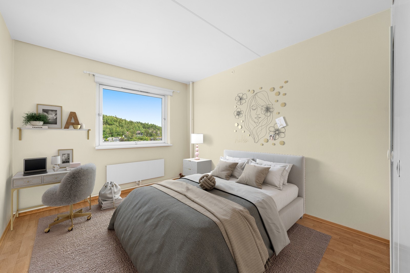 Lyst soverom med behagelig fargevalg . (Digital styling av hvordan leiligheten kan møbleres) Galleribilde