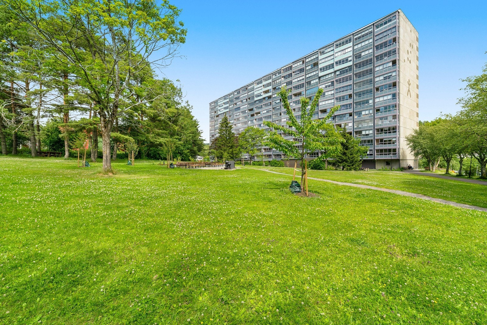 Fasade av bygget bak og grøntarealene i området. Galleribilde