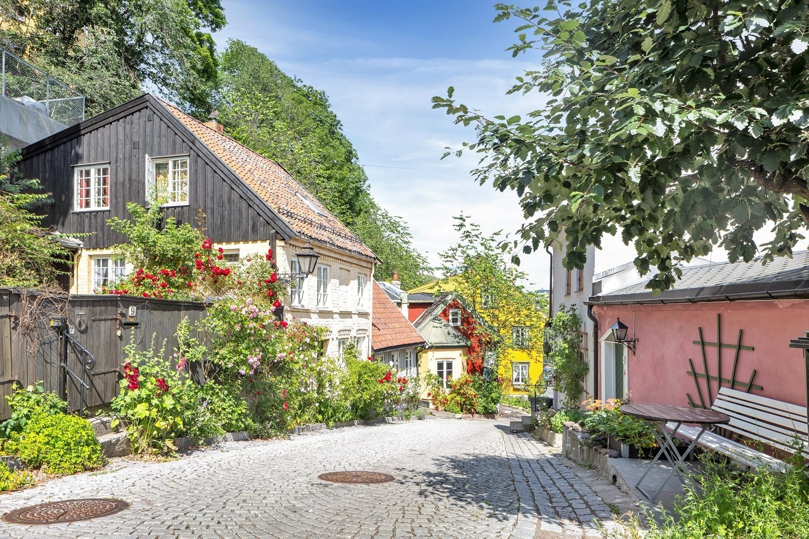 Damstredet med sjarmerende trehusbebyggelse og brosteinbelagte veier viser det hyggelige nabolaget. Galleribilde