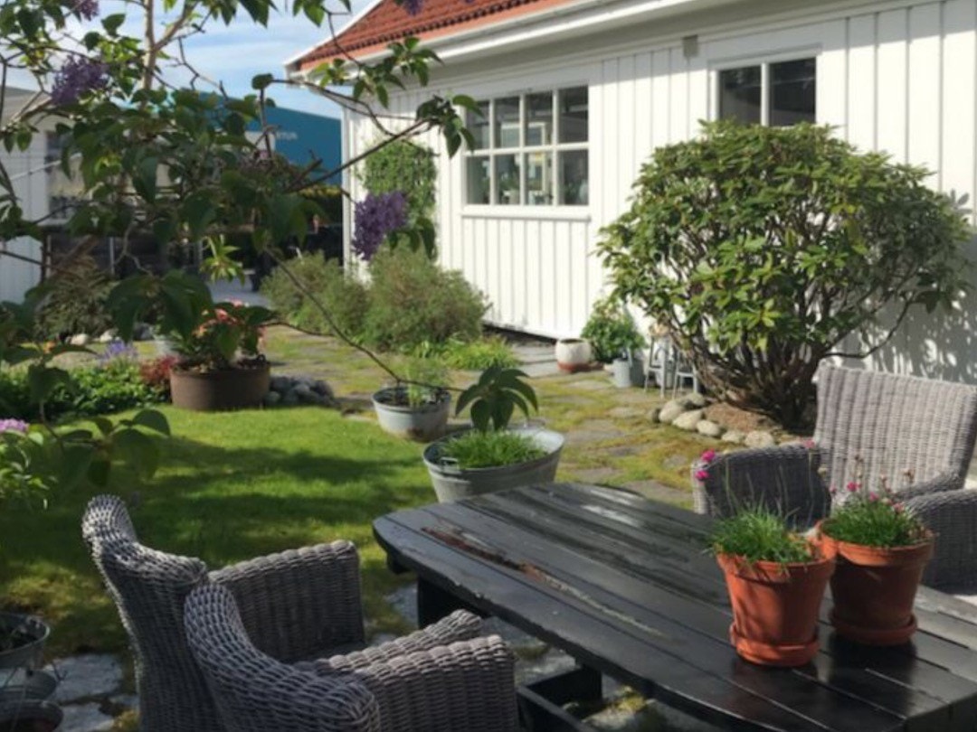 Bakgård under blomstring Galleribilde