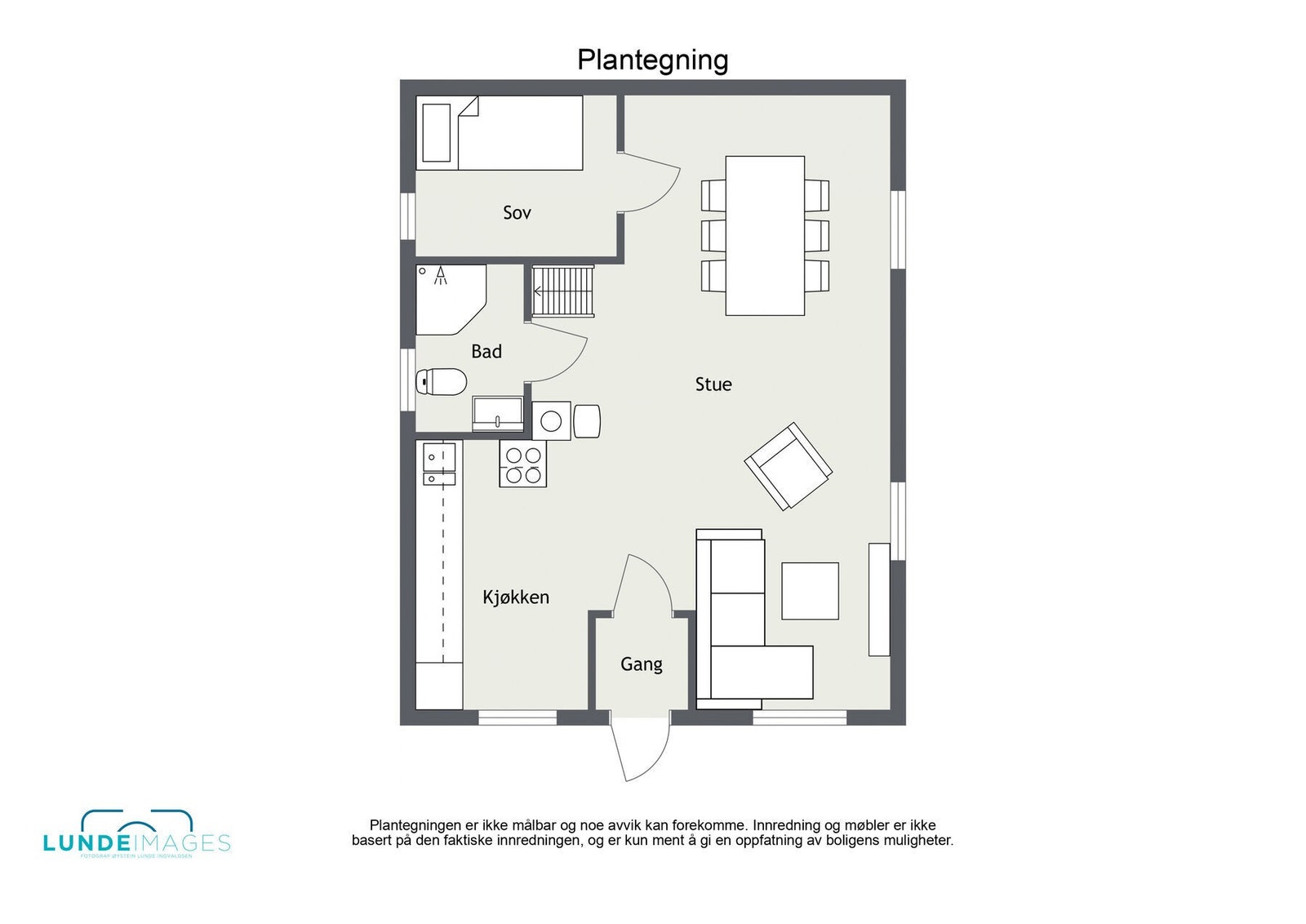 Plantegning - ikke målbar - hytta har et BRA-i på 44 kvm. Galleribilde