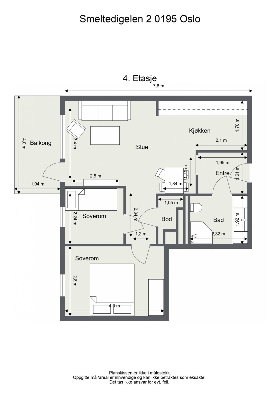 Leiligheten er på 55 m² og inneholder entré, stue, kjøkken, bad, bod og to soverom Galleribilde