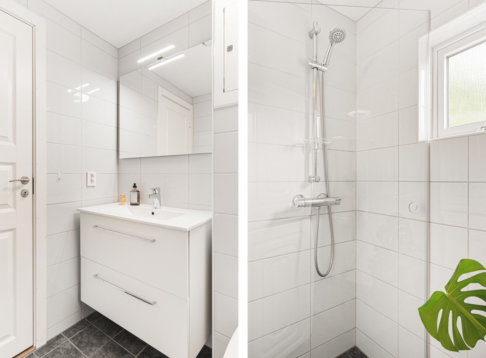 Badet er innredet med dusj m/glassdør, vegghengt toalett, baderomsinnredning med heldekkende servant og opplegg for vaskemaskin. Galleribilde