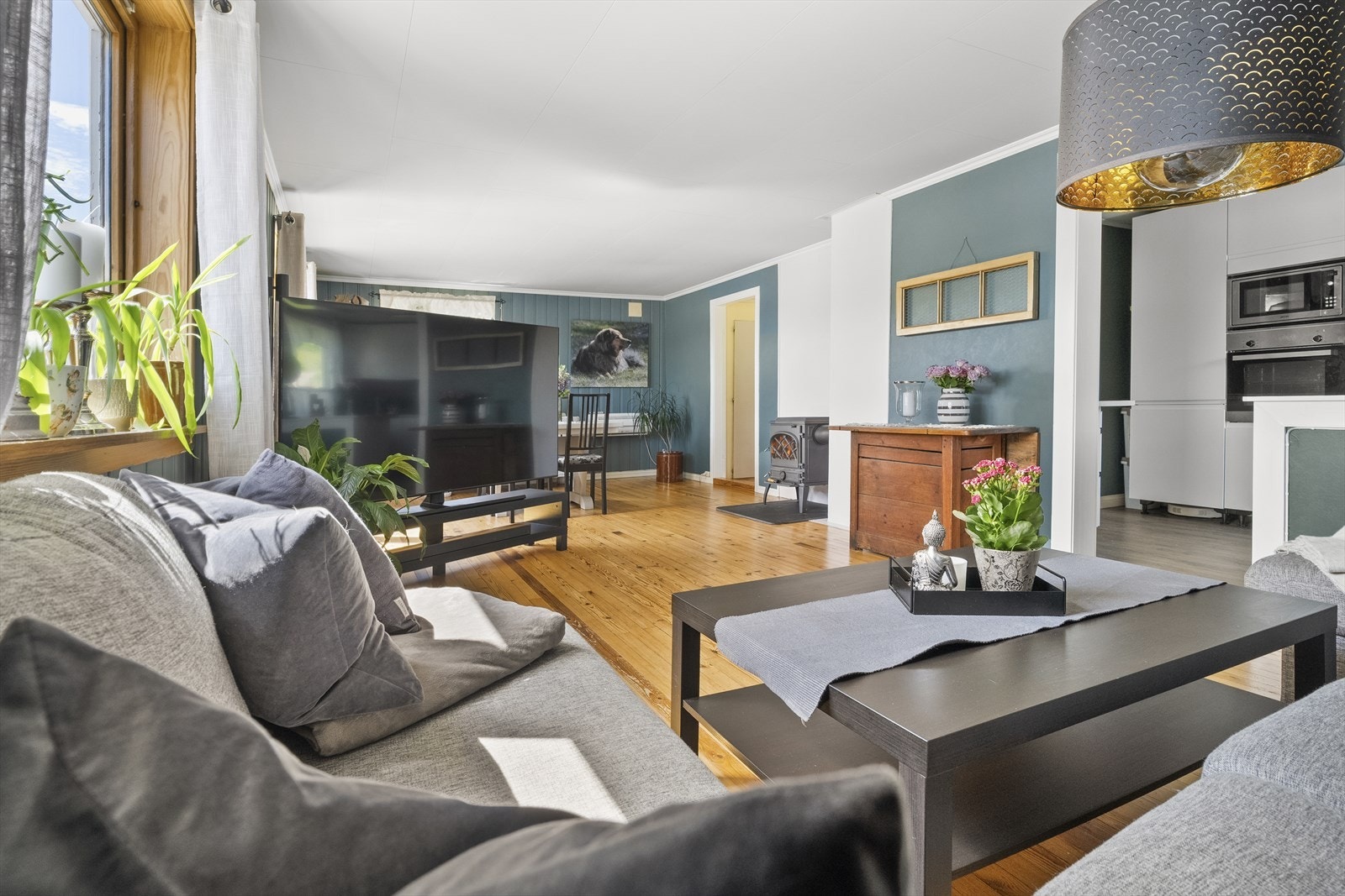 Her er det både vedovn og varmepumpe som avgir god varme. Galleribilde