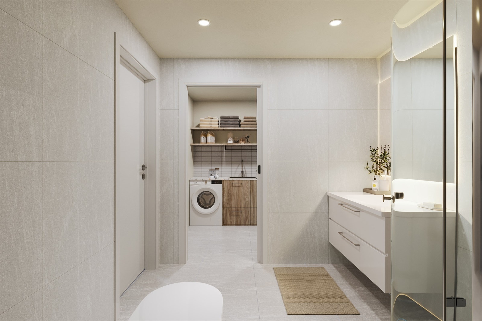 Moderne bad inngår i begge etasjer, separat vaskerom er tilknyttet sokkeletasjens bad. Galleribilde