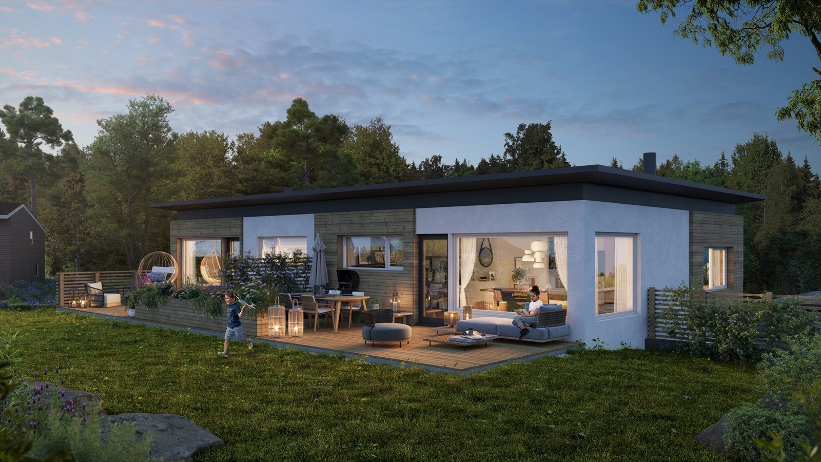 Tomannsboligen er tegnet i moderne funkis-inspirert arkitektur, med en praktisk og familievennlig romløsning som omfatter to etasjer. Galleribilde