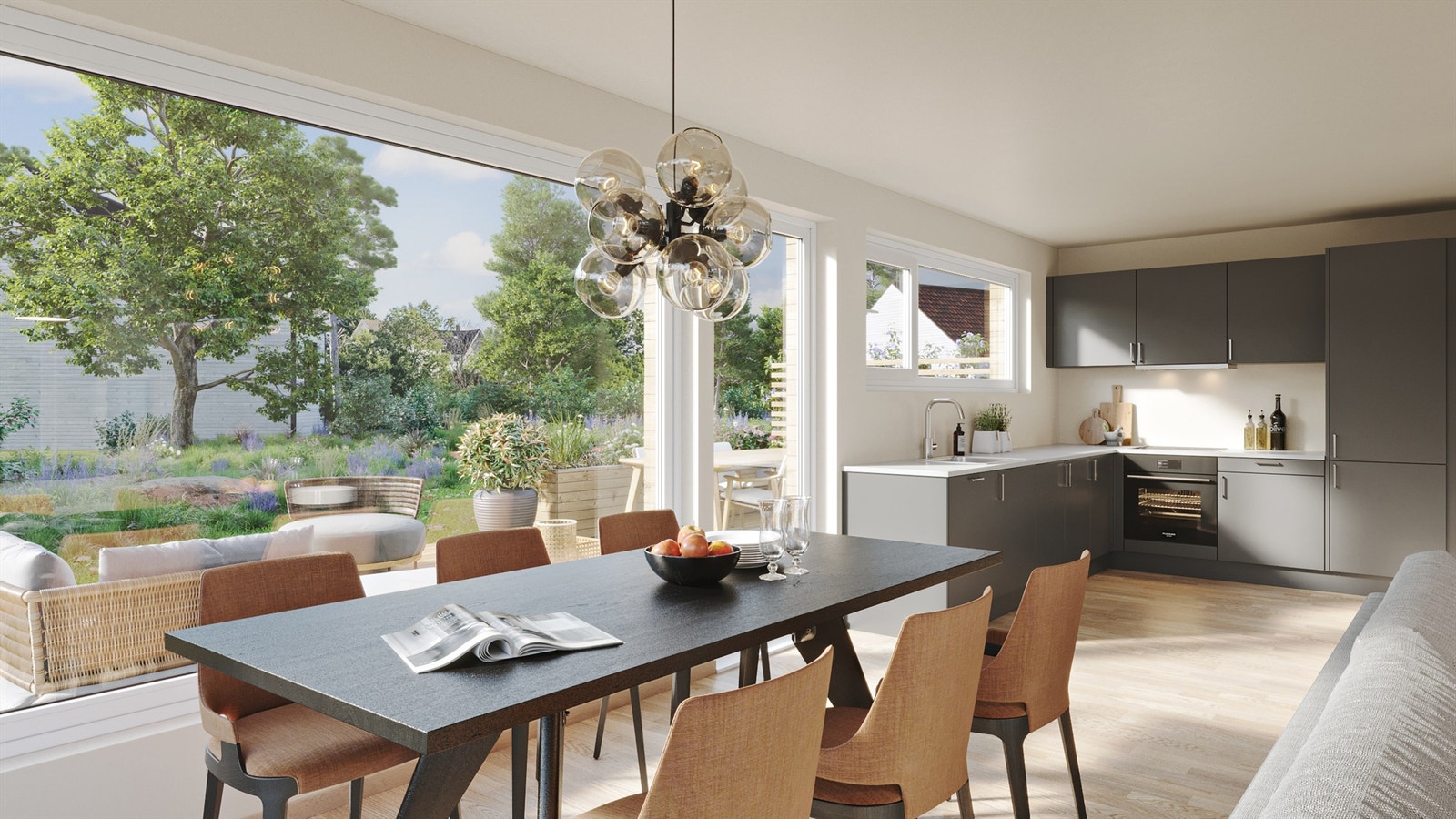 Store lysflater fyller både stuen og kjøkkenet med gode mengder naturlig lys dagen gjennom. Galleribilde