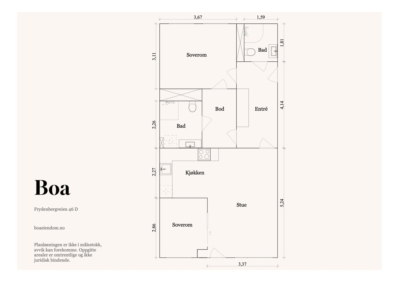 4. etasje: Entré, stue/kjøkken, to bad, to soverom og bod. Galleribilde