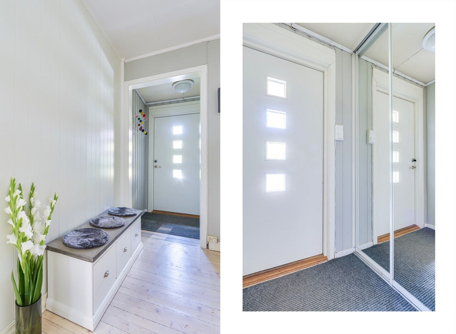 Entréen gir et lyst og godt førsteinntrykk av boligen med plass til å henge fra seg yttertøy i skyvedørsgarderobe. Galleribilde