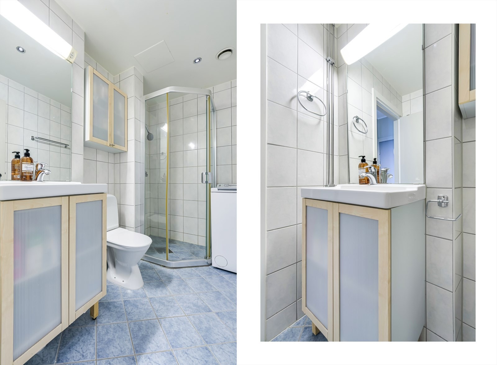 Innredningen består av servant med underskap, speil. vegghengt skap, gulvmontert toalett og dusjhjørne Galleribilde