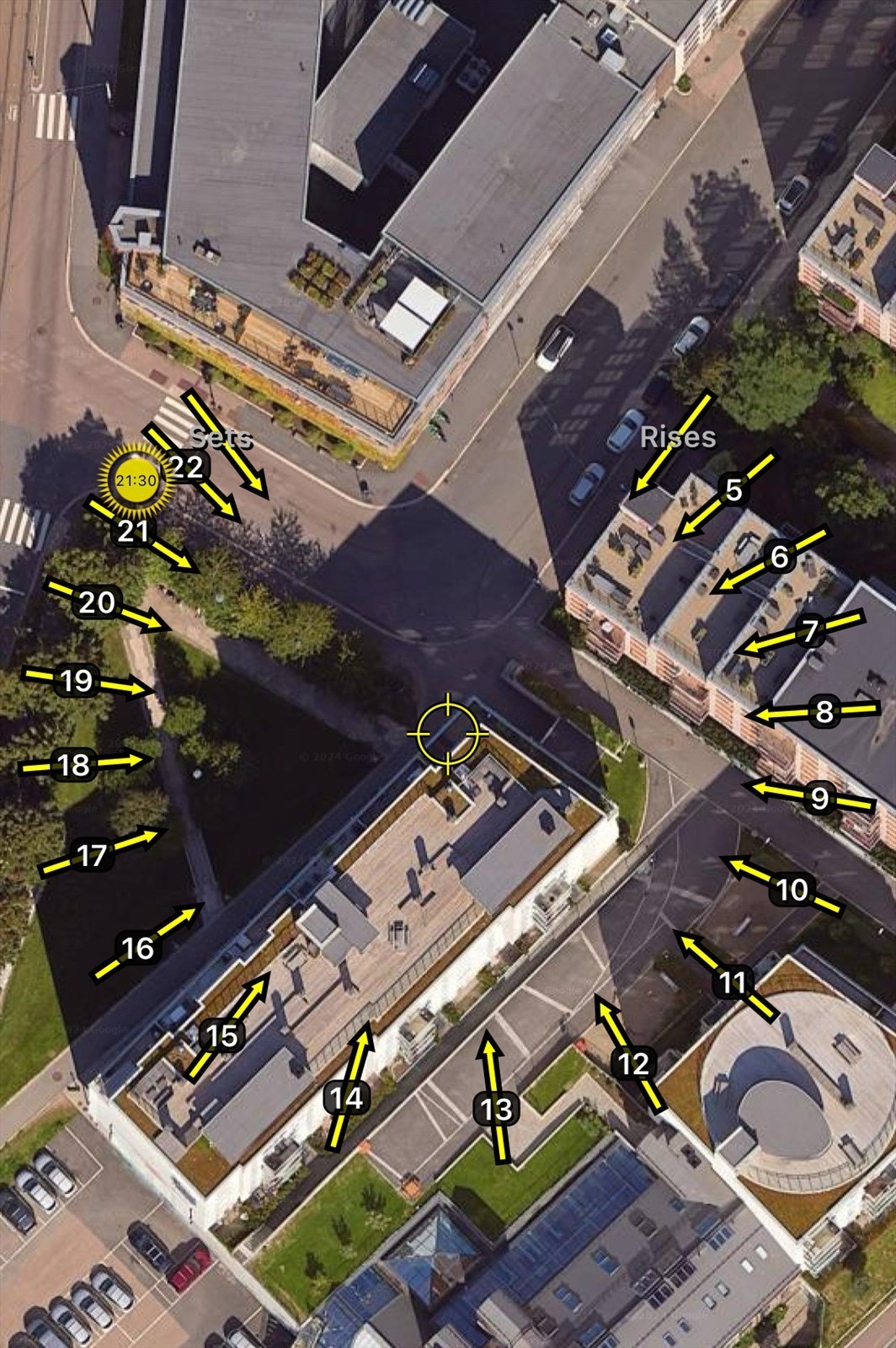 Illustrasjon av solforholdene midtsommer. Sol på balkongen fra ca. kl. 16:00-21:30. Galleribilde